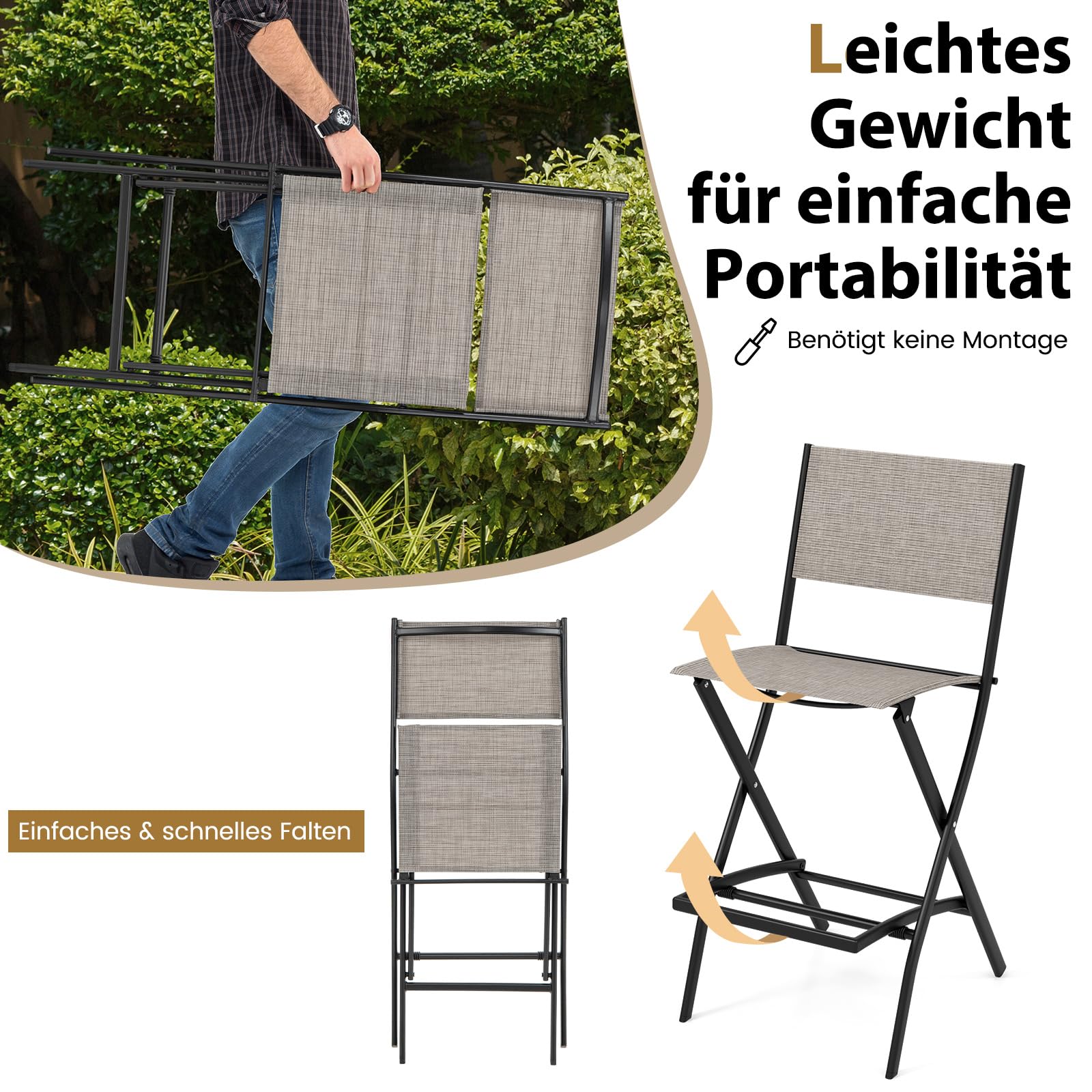 COSTWAY 2er Set Outdoor Barhocker, klappbare Barstühle mit Rückenlehne und Fußstütze, Tresenhocker bis zu 150 kg belastbar, Sitzhöhe 71 cm, Gartenstühle für Balkon, Garten & Poolbereich
