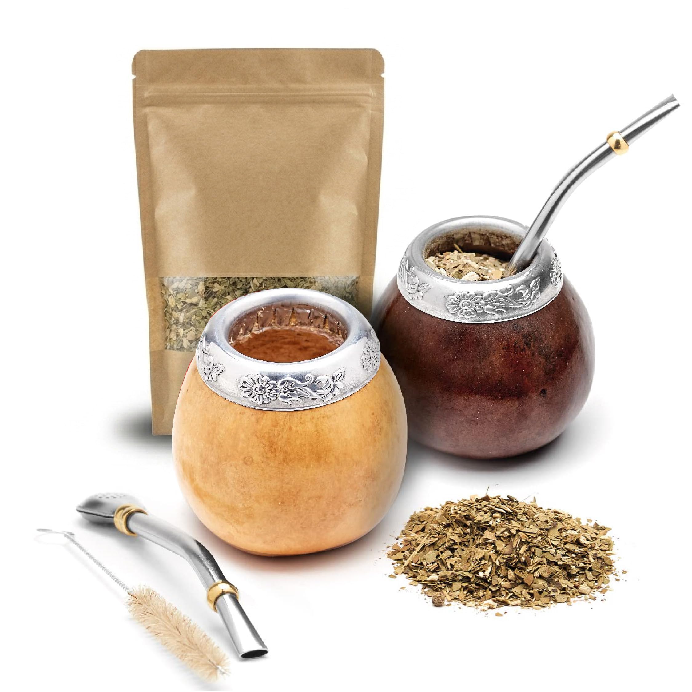 BALIBETOV Yerba Mate Gourd Set – Original Natural Handmade Yerba Mate Cup from Argentina, Includes Mate Tea Cup, Bombilla (Mate Straw) and Cleaning Brush, Traditional Mate Cup Gift Set