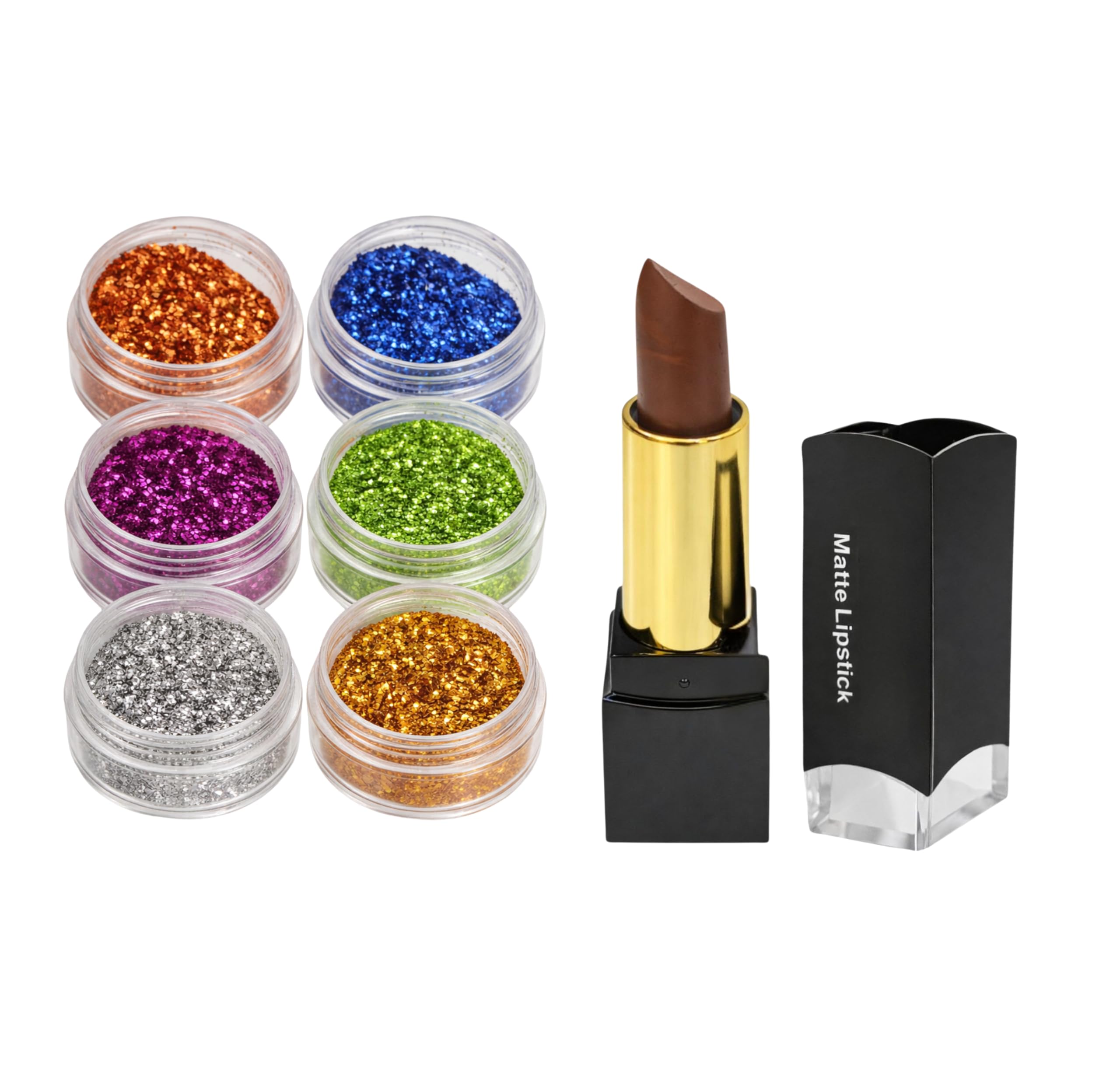 2-in-1 Festive Eye Glitter & Matte Lipstick Makeup Combo Kit for Women | Includes 6-Pack Multi-Color Loose Face & Eye Glitters with Long-Lasting Creamy Chocolate Brown Matte Lipstick | Cosmetic Gift Set-image-41