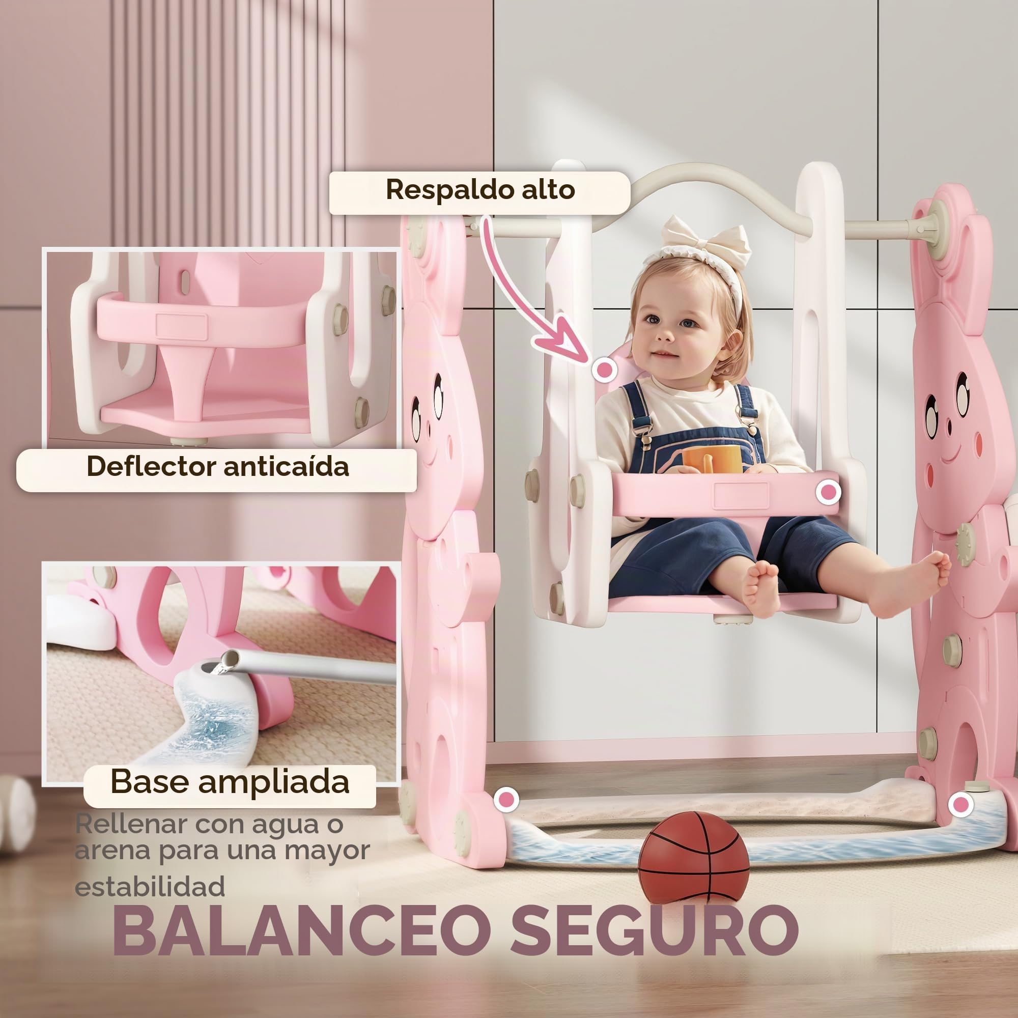 AIYAPLAY Tobogán y columpio 4 en 1 para niños, parque infantil para niños pequeños con estructura de escalada, canasta de baloncesto, tobogán, columpio, diseño de conejito, para interiores y