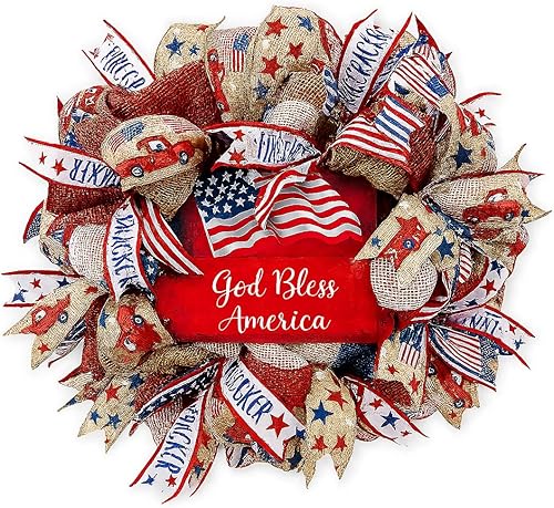 24 Round Patriotic Mesh Front Door Wreath withGod Bless America Sign Insert Heavy Wire Base Lots of Ribbon