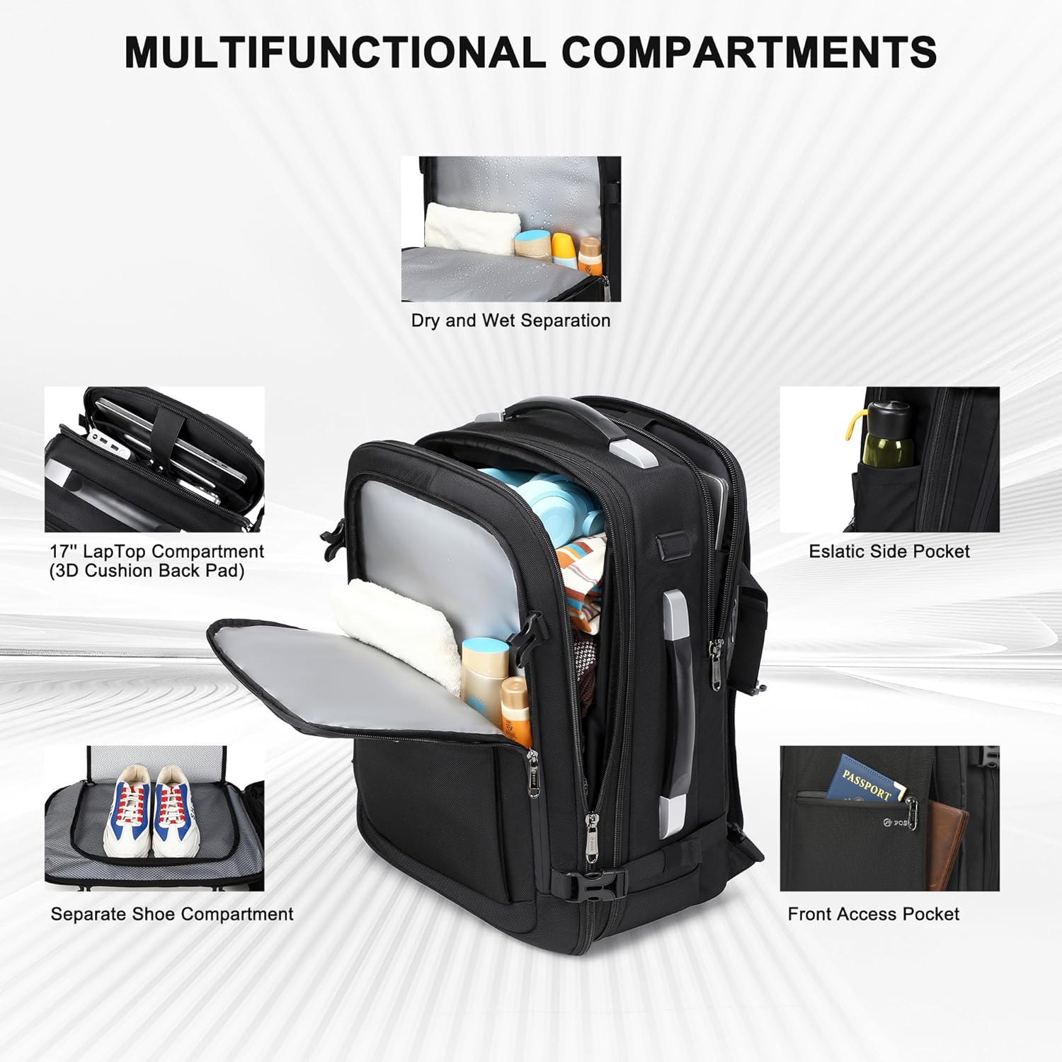 POSO Vacuum Backpack Travel, 60L Expandable Vacuum Seal Backpack with Pump, fit 17'' Laptop Backpack, TSA Lock Carry-On Airback Travel Backpack with Detachable Compression Airbag- Black - Image 9