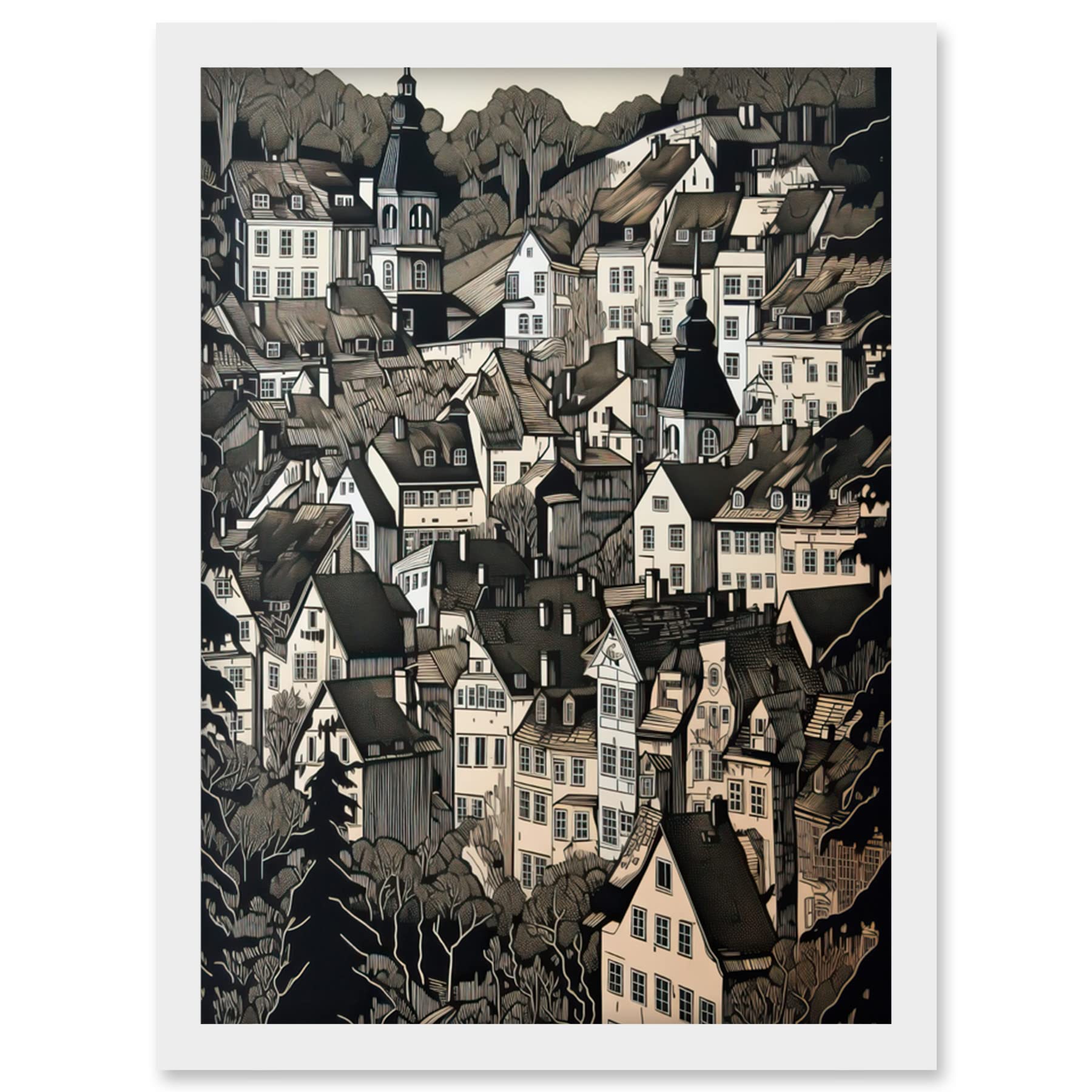 Black Forest City Baden Monochrome Cityscape Artwork - Framed Wall Art Print - A4 - Artery8