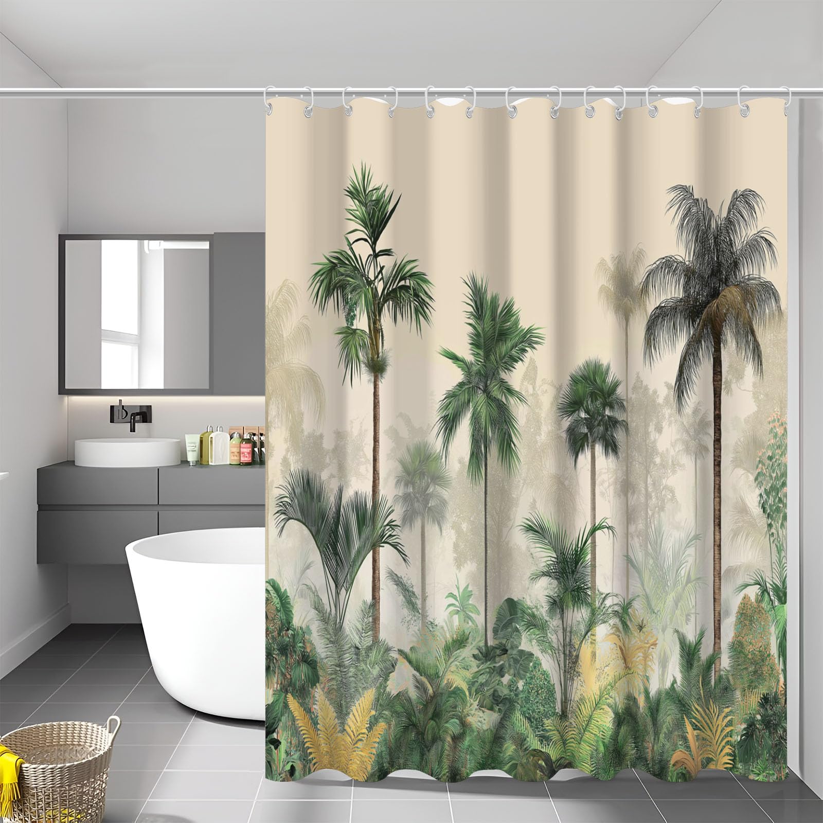 Rideau de douche tissu haut de gamme à œillets avec motif forêt botanique