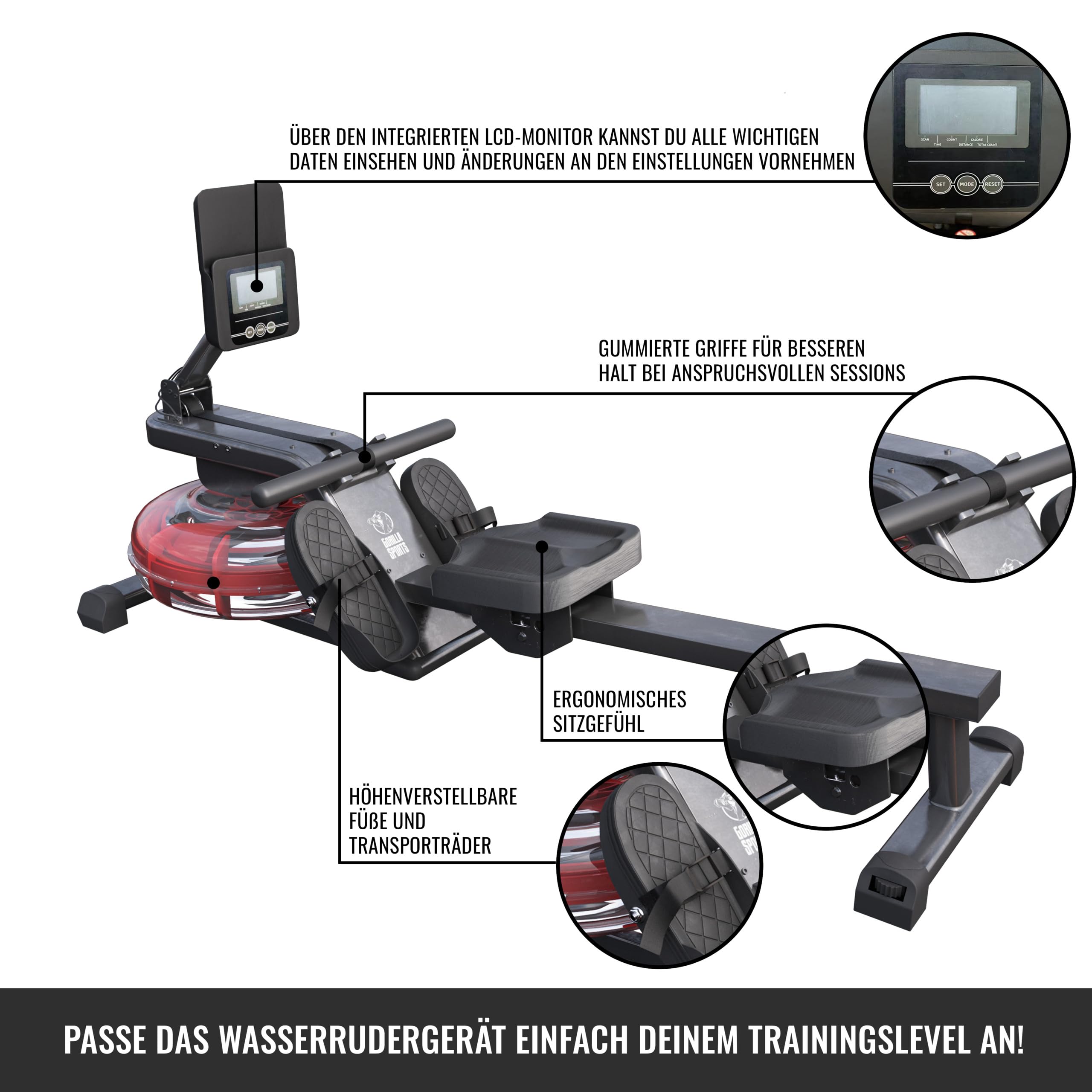 GORILLA SPORTS® Vogatore - ad Acqua, Pieghevole, Resistenza Idraulico, Regolabile, con Monitor LCD, Super Silenzioso, Guida di Scorrimento in Acciaio - Rematore, Cardio, Allenamento, Palestra Casa