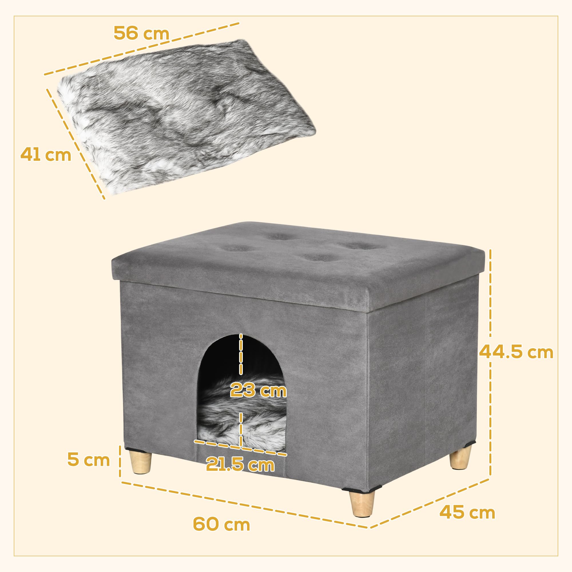 PawHut Casetta per Gatti Pouf Poggiapiedi con Cuscino Rimovibile e Lavabile, Sgabello Poggiapiedi con Cuccia e Piedini, Grigio
