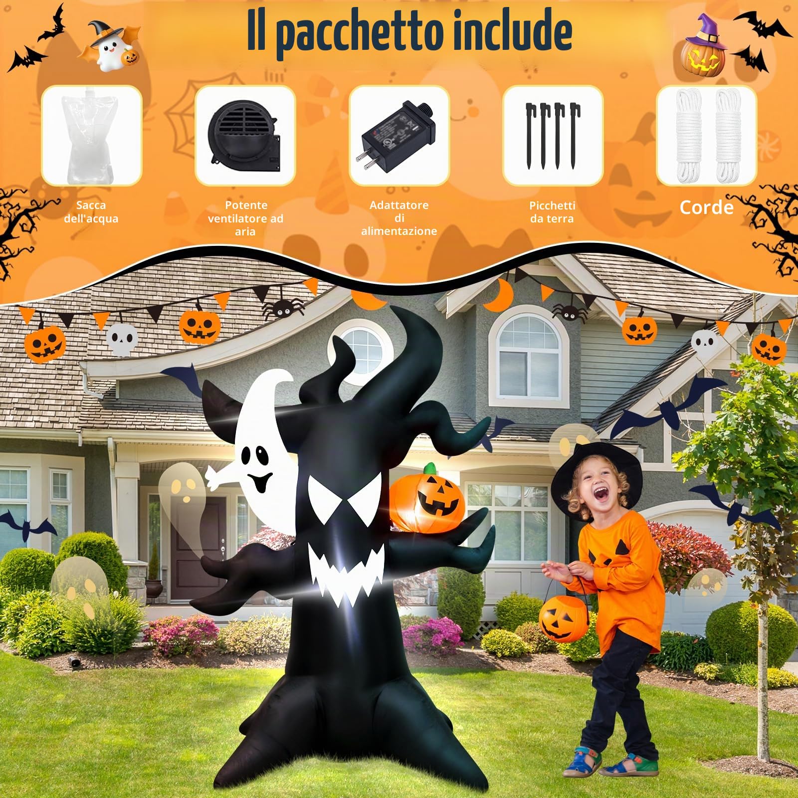 Albero infestato gonfiabile per Halloween, 1,8 m, con fantasma luminoso e zucca a LED, decorazione spettrale per esterni, per cortile, feste, casa infestata, impermeabile, facile da installare