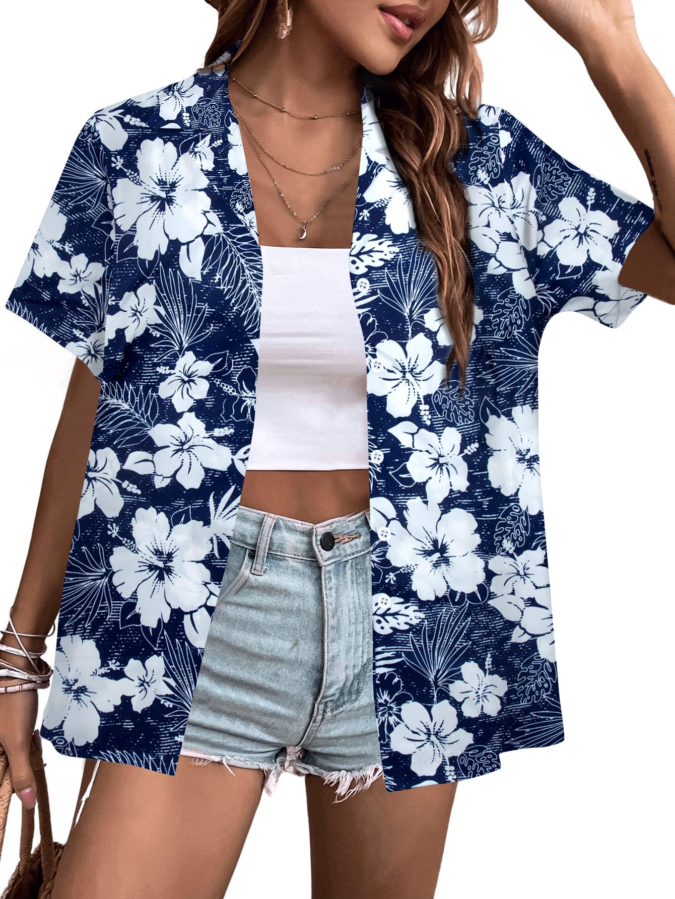 DUTUT Women Hawaiian Shirt Tropical Floral V Neck Button Up T-Shirt Soft Cool Summer Beach Short Sleeve Blouses Tops