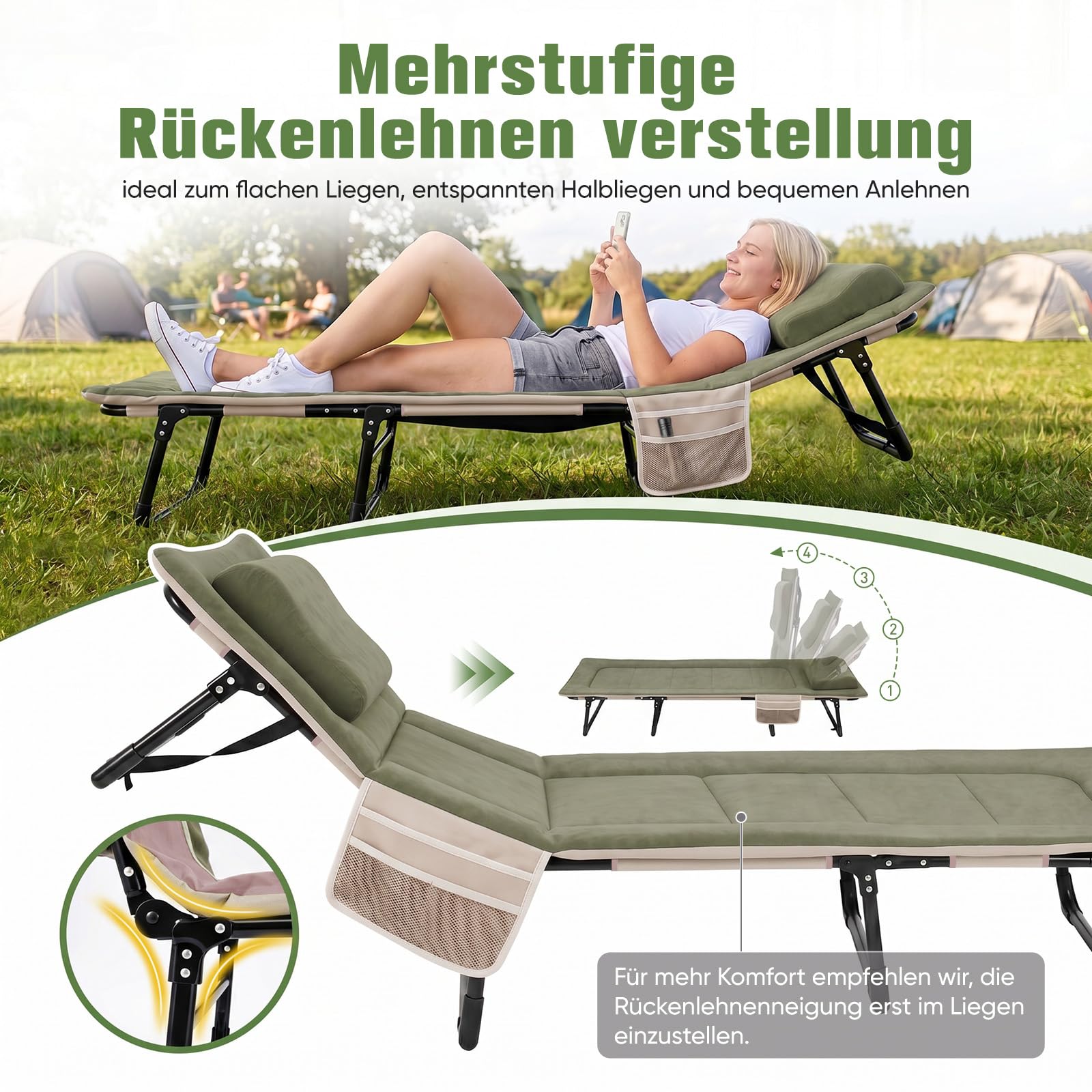 Sekey Campingbett Klappbett faltbar fГјr Erwachsene, Feldbett bis 200 kg belastbar mit Kissen, Reisebett GГӨstebett fГјr Camping, Festival, BГјro, Garten und Wohnmobil - DunkelgrГјn