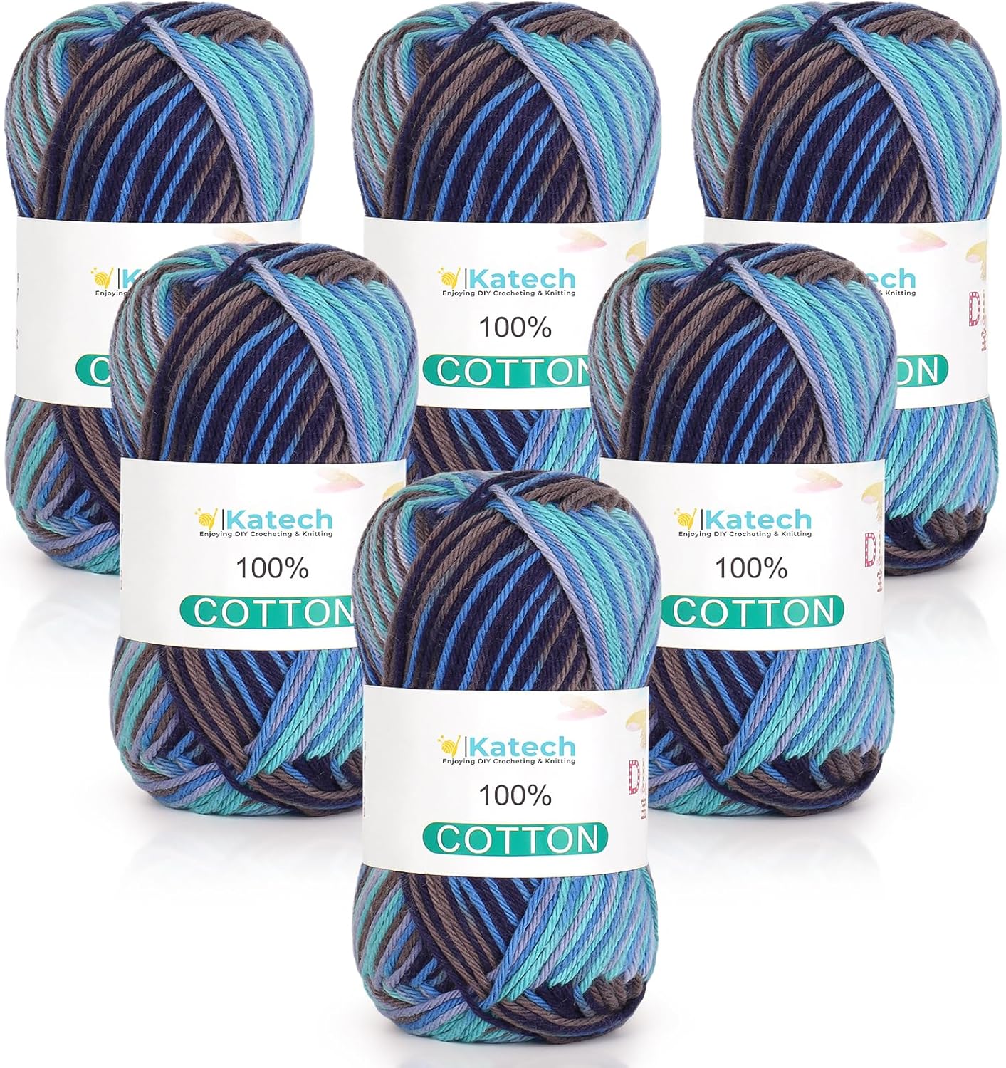 Katech Pure Cotton Yarn for Crocheting & Knitting – Soft Sport Weight CYC #2, 6 Skeins (50g Each, 300g Total), Ideal Crochet Yarn for Dishcloths, Baby Clothes, Socks, Lightweight Scarves(Denim Mix)
