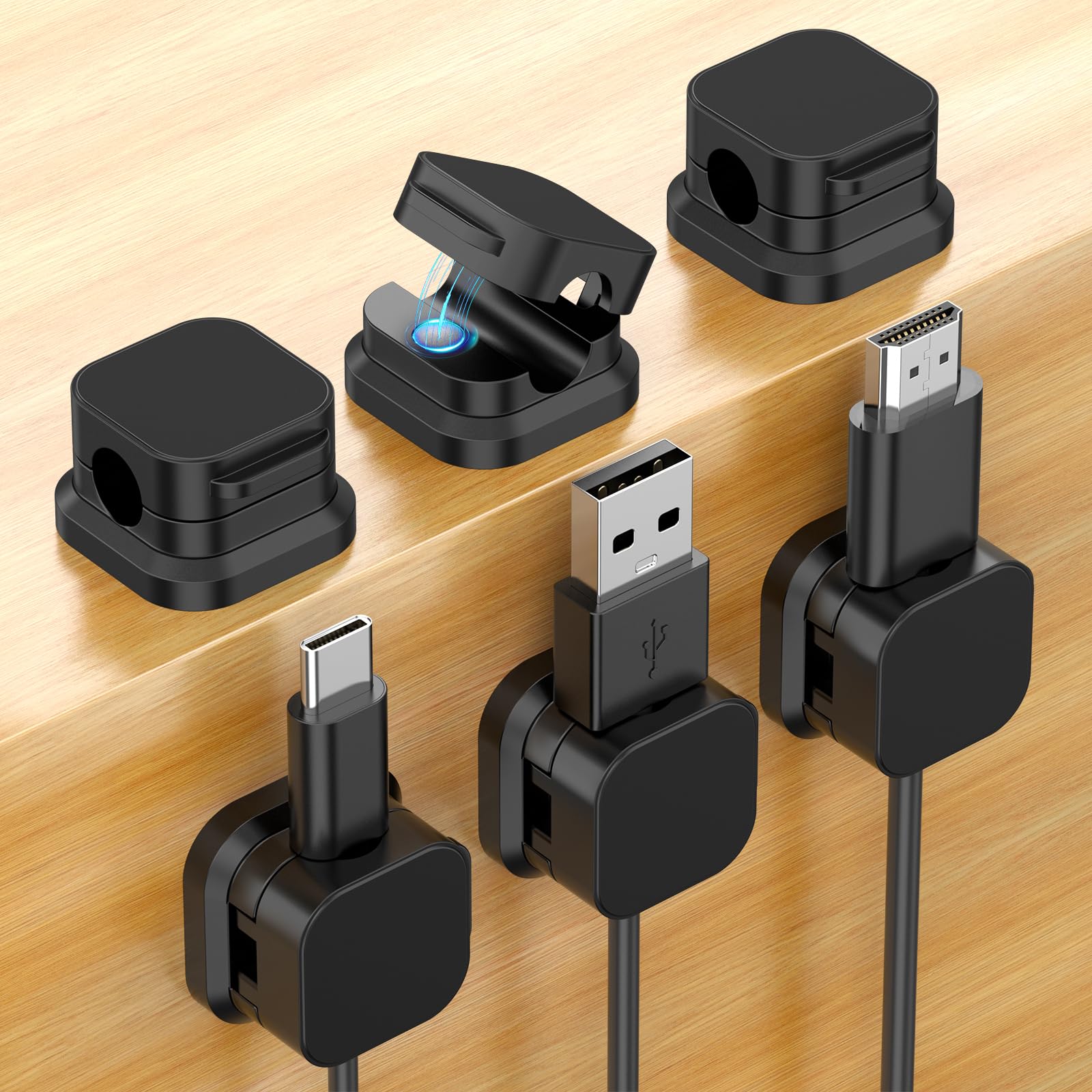 Tobfit 6Pack Magnetic Cable Clips Holder, Cord Organizer for Desk, Strong Adhesive Desk Cable Management for Phone Charger, Computer, Home, Office, Car(Black*6)