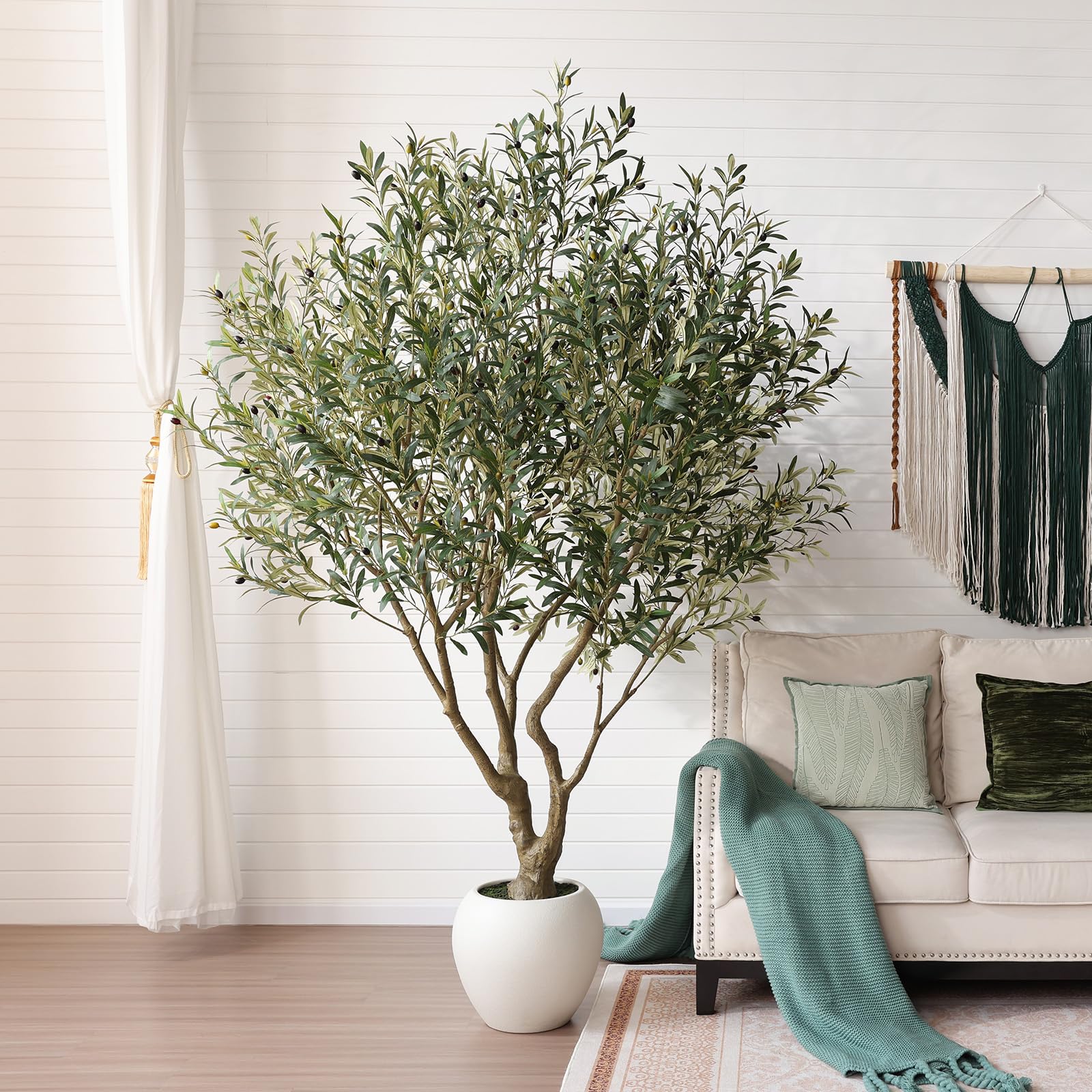 Olive Trees Artificial Indoor 8FT Tall Faux Olive Tree with Round White Planter UV Resistant Outdoor Large Fake
