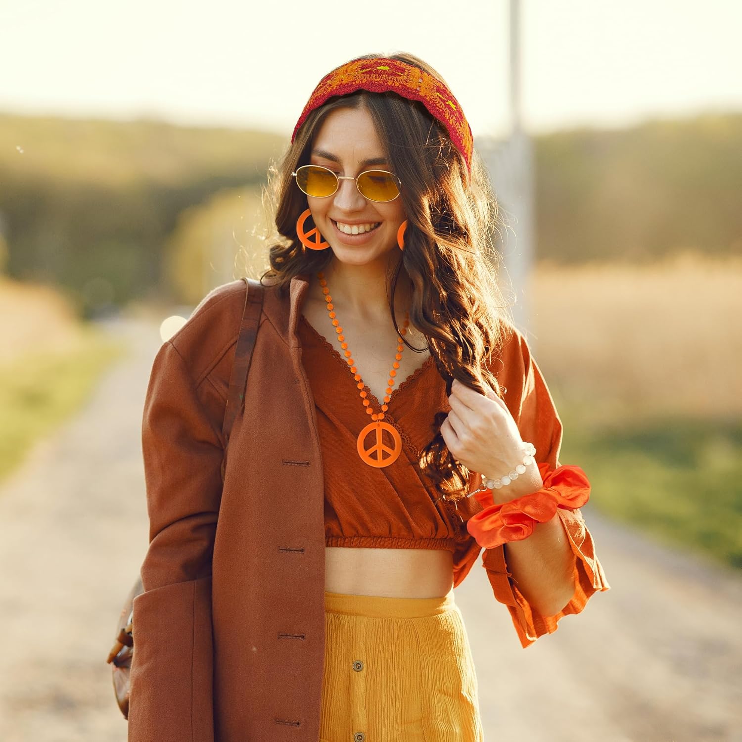 60s 70s Hippie Accessories for Women, Boho Hippie Costume with Flower Knit Headband Peace Sign Necklace Groovy Disco Outfits for Party Cosplay - Image 2