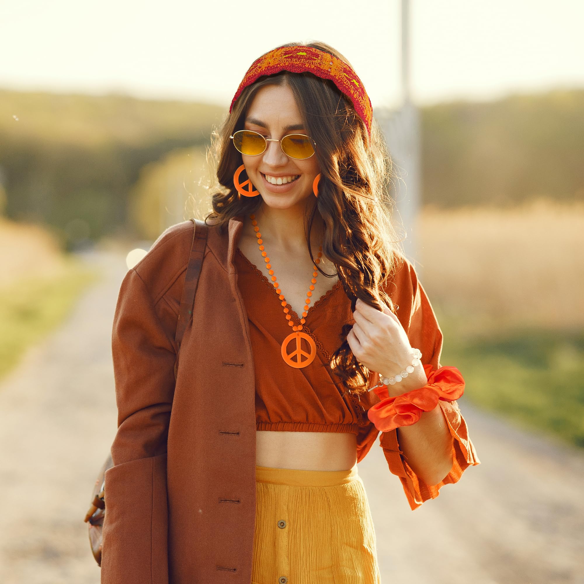 Alaxciax 60s 70s Hippie Accessories for Women Boho Hippie Costume with Flower Knit Headband Peace Sign Necklace Groovy Disco Outfits for Party Cosplay - Image 2