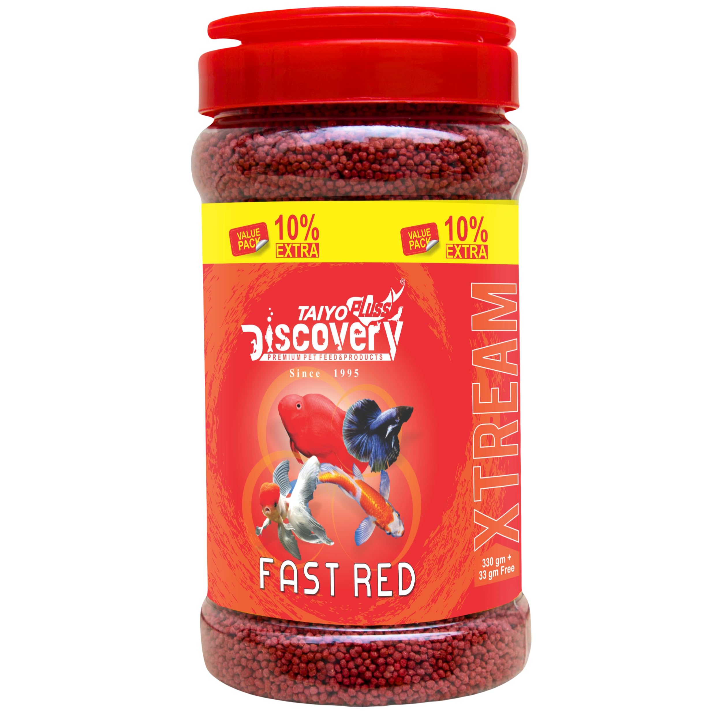 Taiyo Pluss Discovery Xtream Fast Red Fish Food - 363 g (330 g + Extra 10% Free) (Pack of 1) | Tropical Fish Feed Fish Meal & Shrimp Meal for Growth, Colour & Strength