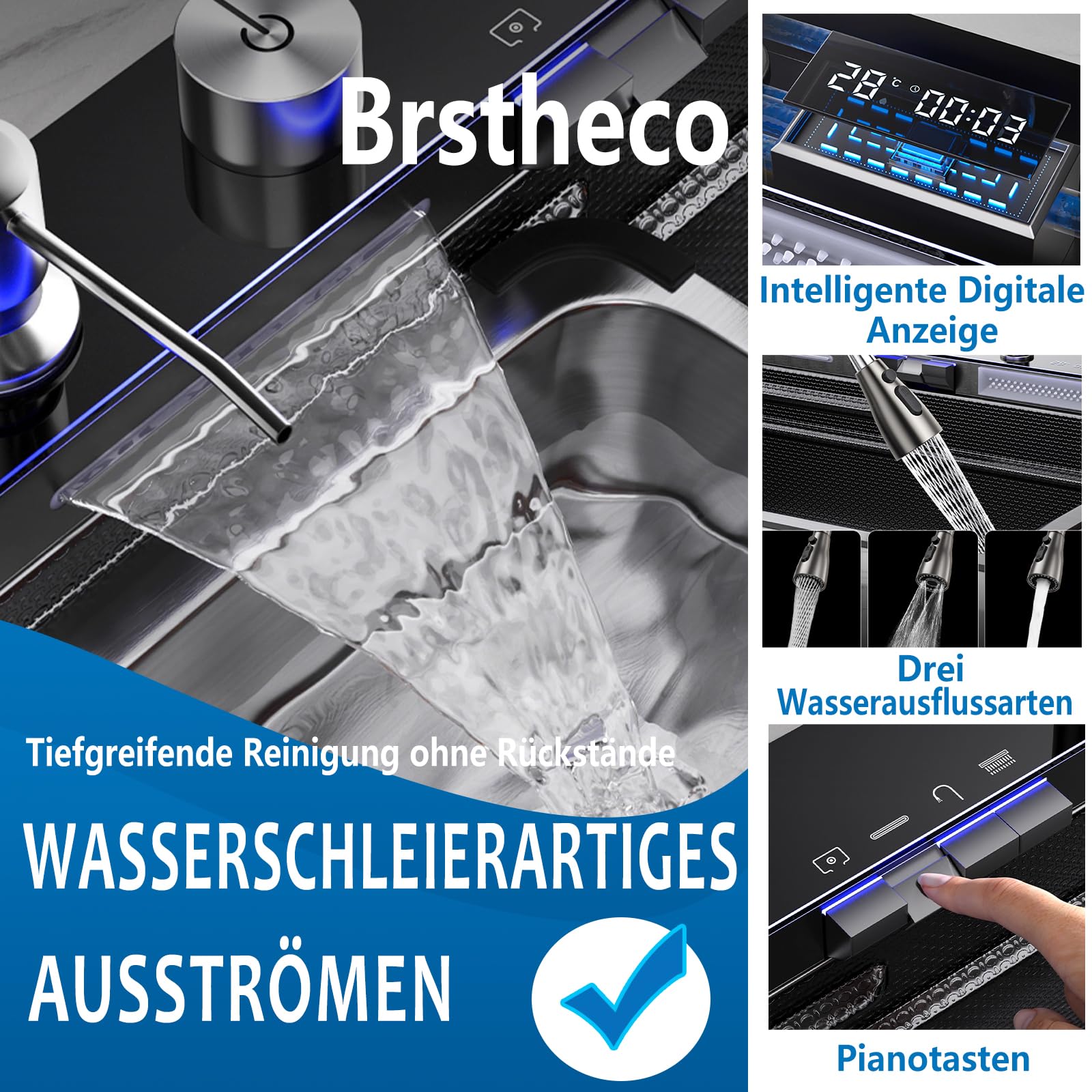 Lavello da cucina in acciaio inox – rubinetto integrato + lavabo, dispenser di sapone, scarico controllato da tavolo, tasti pianoforte, display digitale intelligente, rubinetto filtro