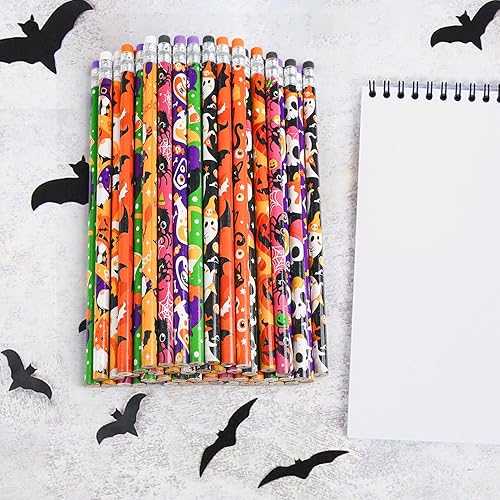 Miniatura 7 de FINGOOO 48 lápices de Halloween para niños, varios lápices de Halloween a granel con borradores en 12 diseños, sin dulces, golosinas de Halloween,