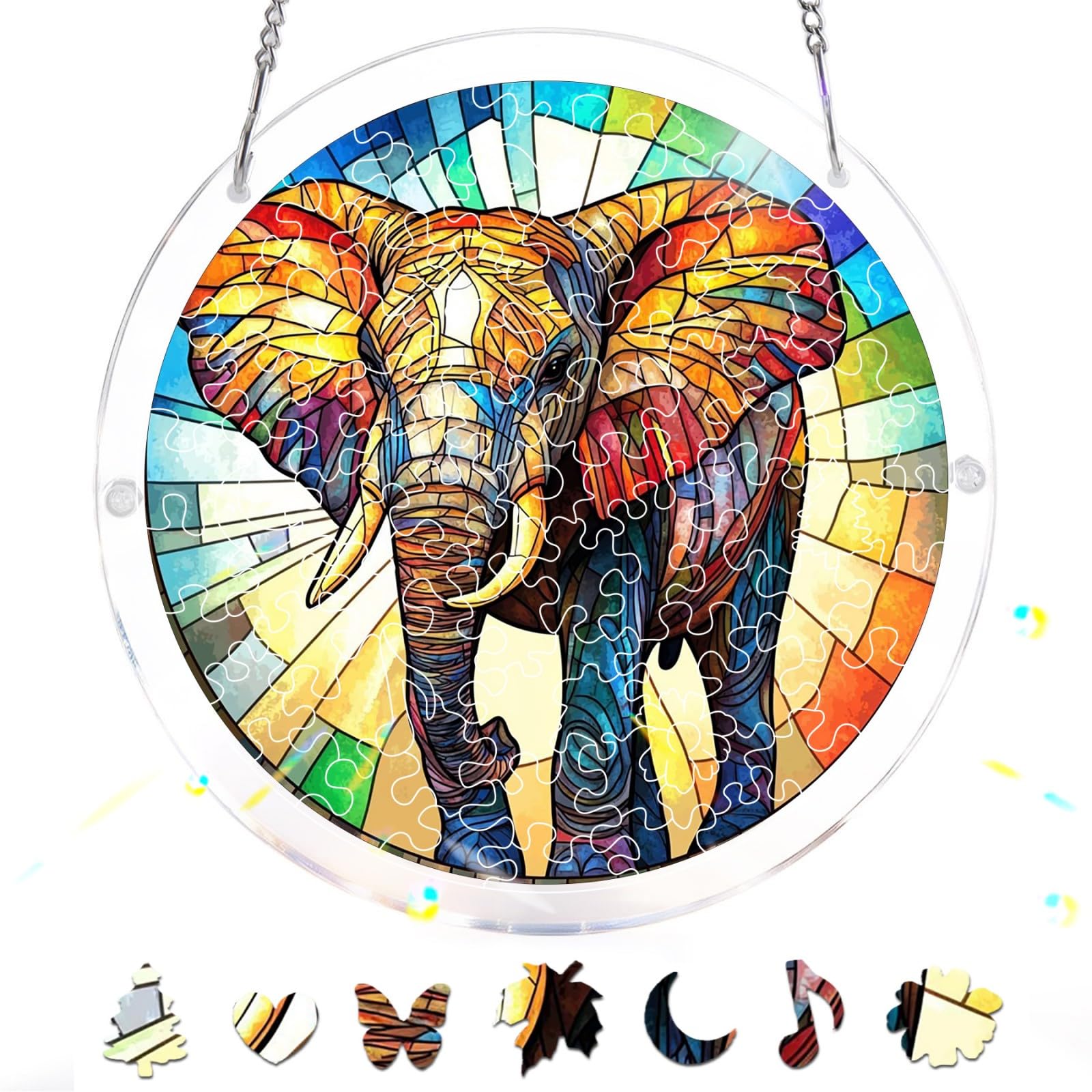 Bimkole 83 Pieces Acrylic Jigsaw Puzzle Suncatcher - Elephant, Stained Glass Window Hanging Pendant, Home Decor Creative Mom Gifts, Sun Catcher Decor for Garden Home Birthday Gifts 18 cm