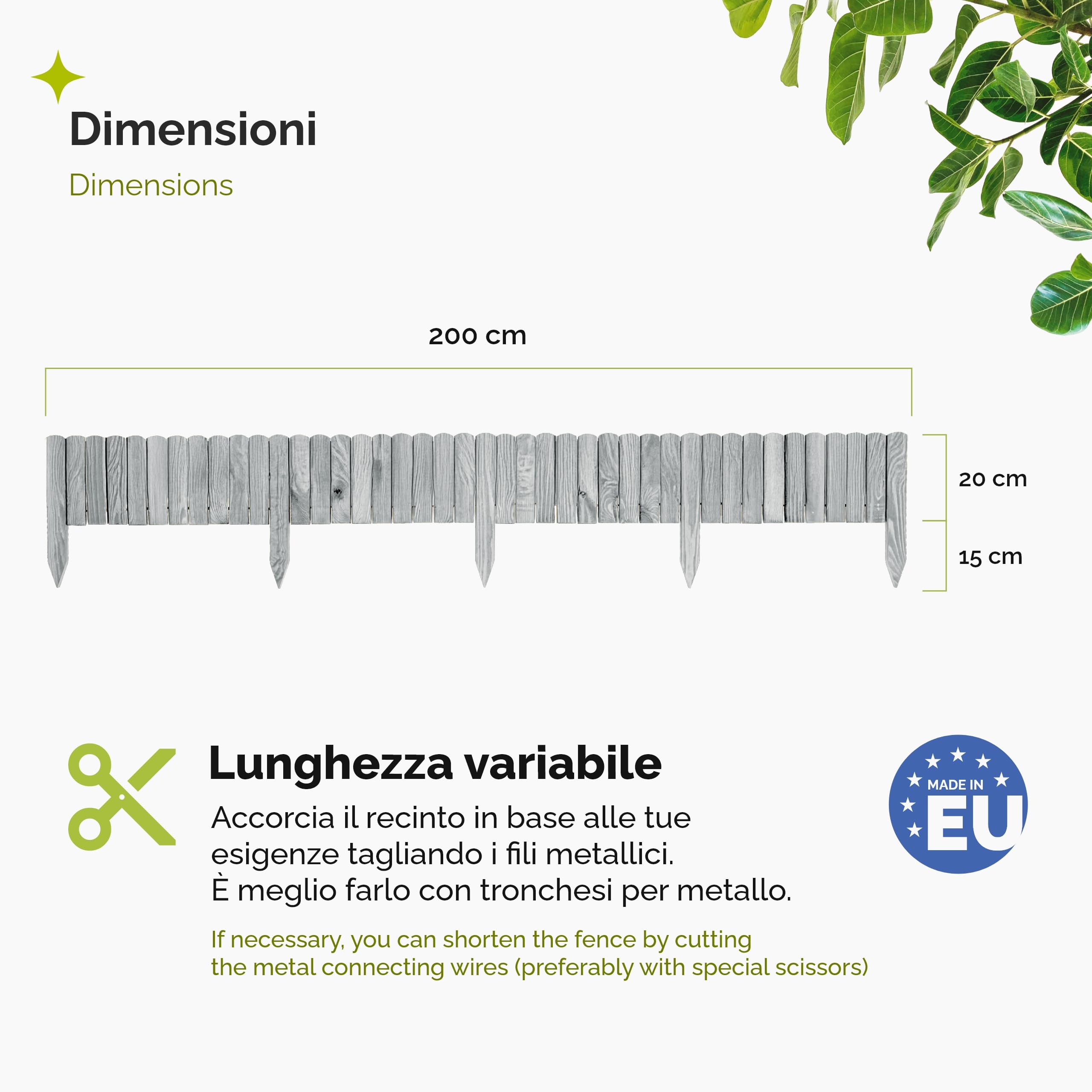Garronda bordatura giardino bordura per aiuola staccionata in legno per giardino cordolo per aiuole Rollborder Recinzione Bassa Aiuola Lunghezza: 200 cm GD-0108 (Grigio, Altezza: 20 cm)