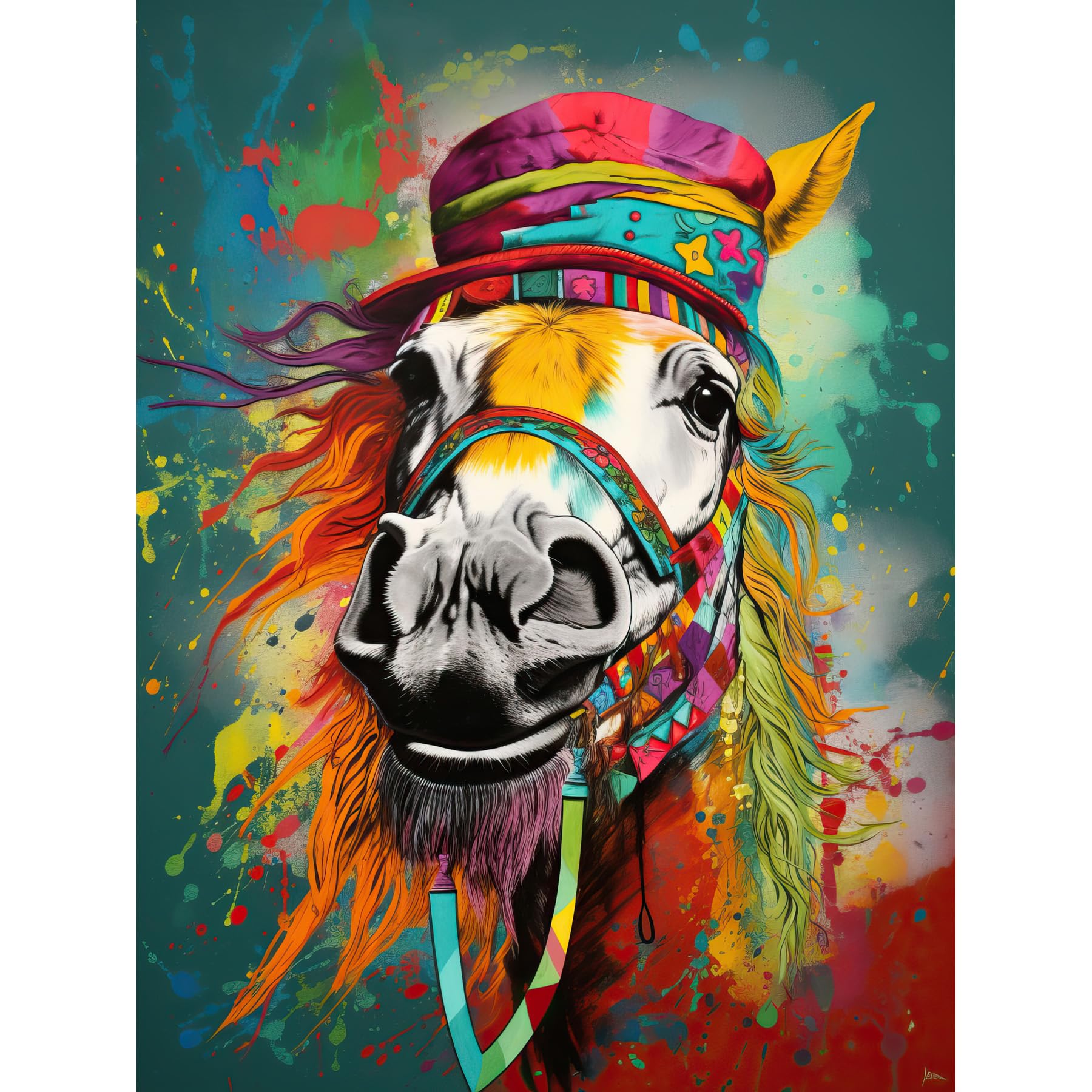 Artery8 Hippie Horse with Multicoloured Hat and Bridles Large Wall Art Poster Print Thick Paper 18X24 Inch
