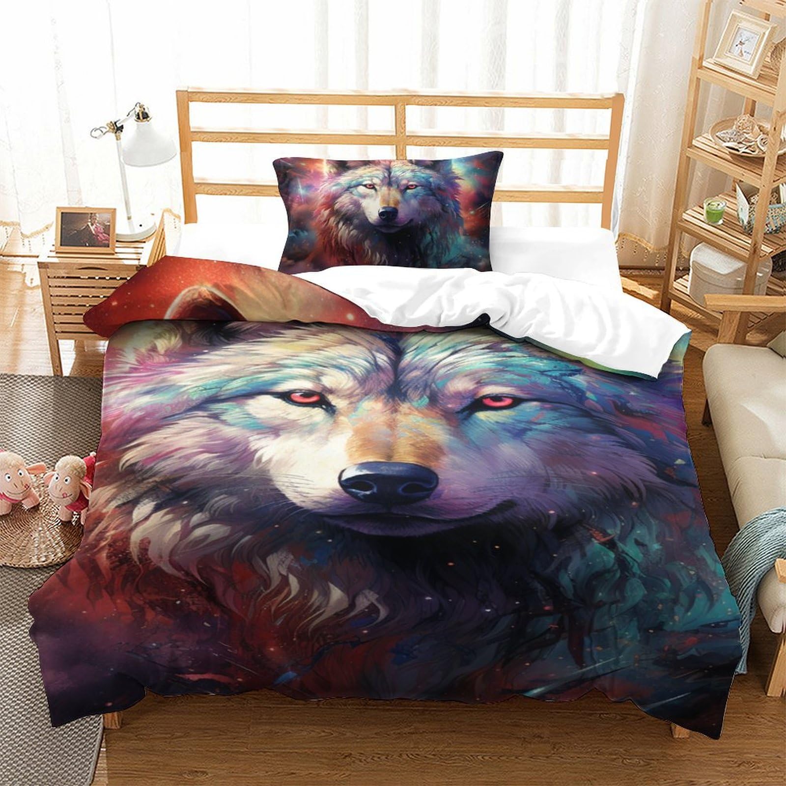 Literie enfants loup avec housse de couette microfibre 135x200 et taies d'oreiller lit simple