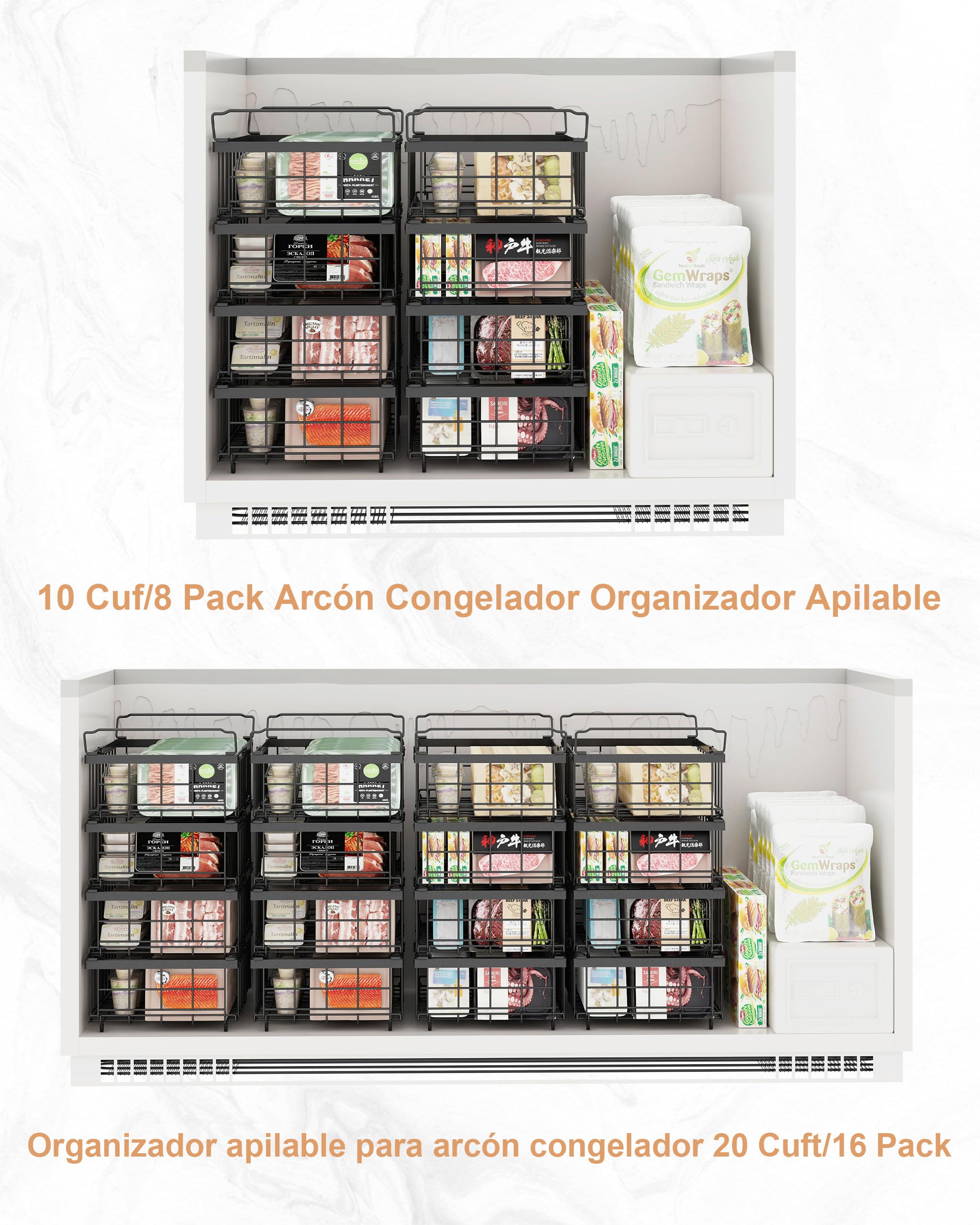 UMDONX Cesta para Congelador de 4 piezas negro - Cestas apilables para congelador con asa, para congelador de 283 a 566L, organizar ingredientes congelados,Longitud extensible (29-45x30x15cm)