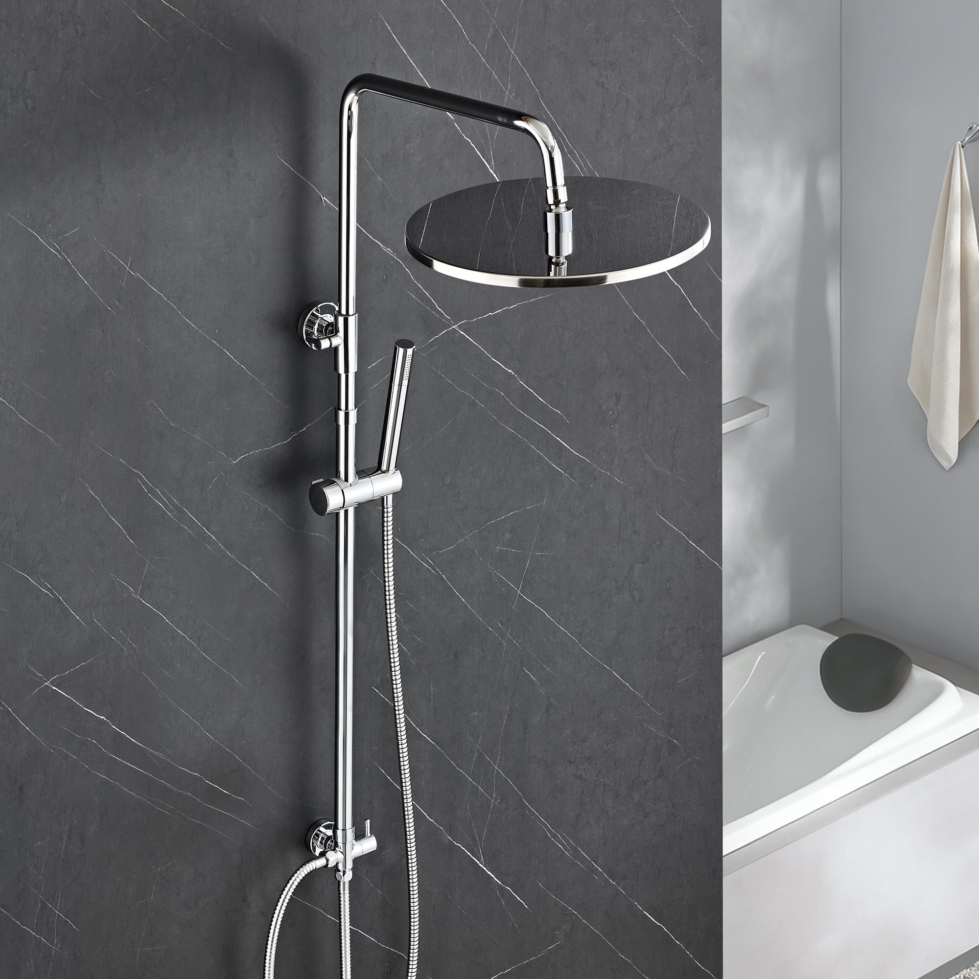 Görbach Stainless Steel Shower Column without Mixer, Rainfall Shower Set with Hand Shower and Shower Rod, Height Adjustable 74-114 cm, XL Shower Head 25 cm Chrome