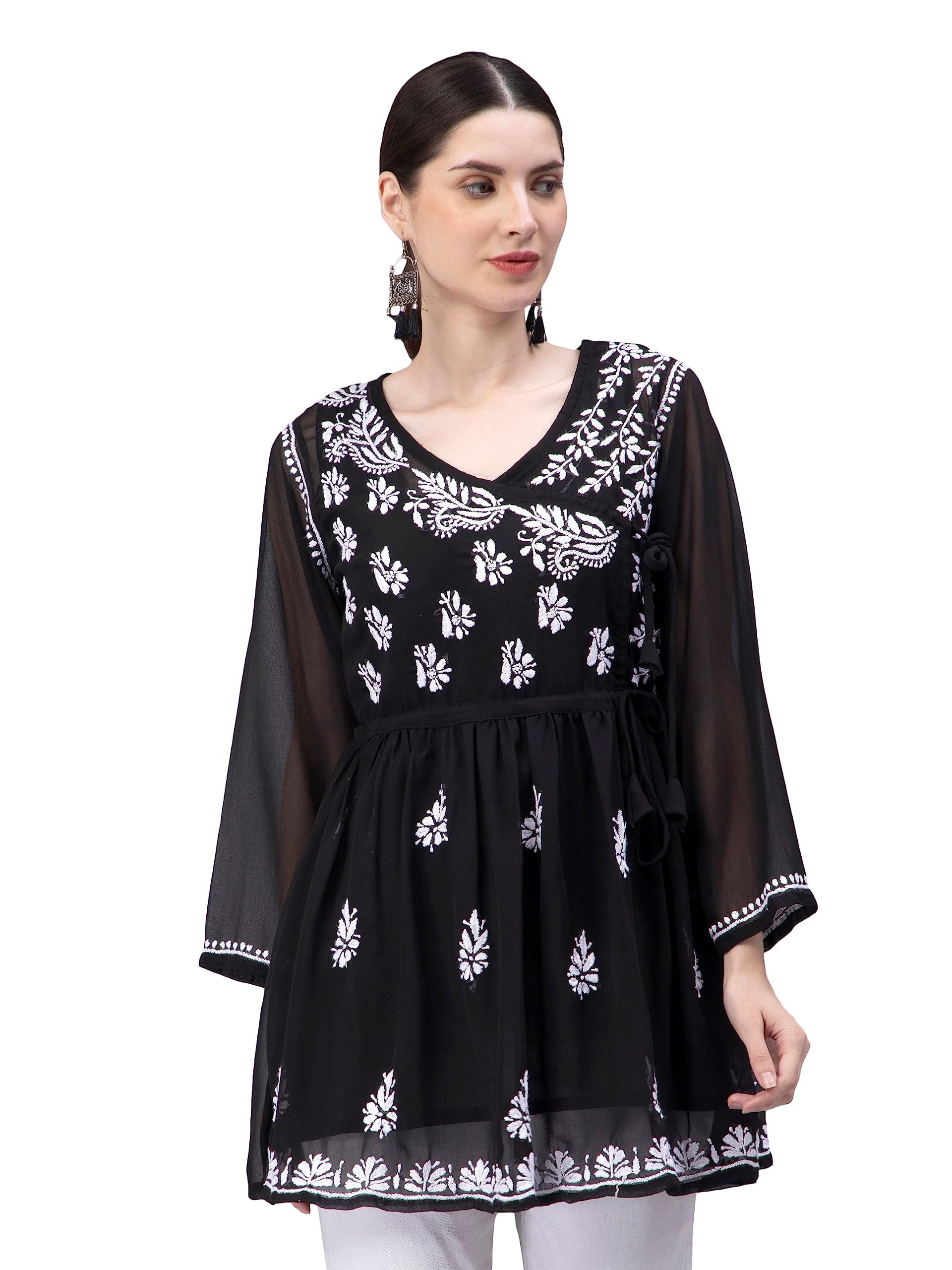 Hand Embroidered Lucknowi Chikankari Light Blue Angarkha Georgette Women Short Top & Tunic with Slip SCL9064-image-33