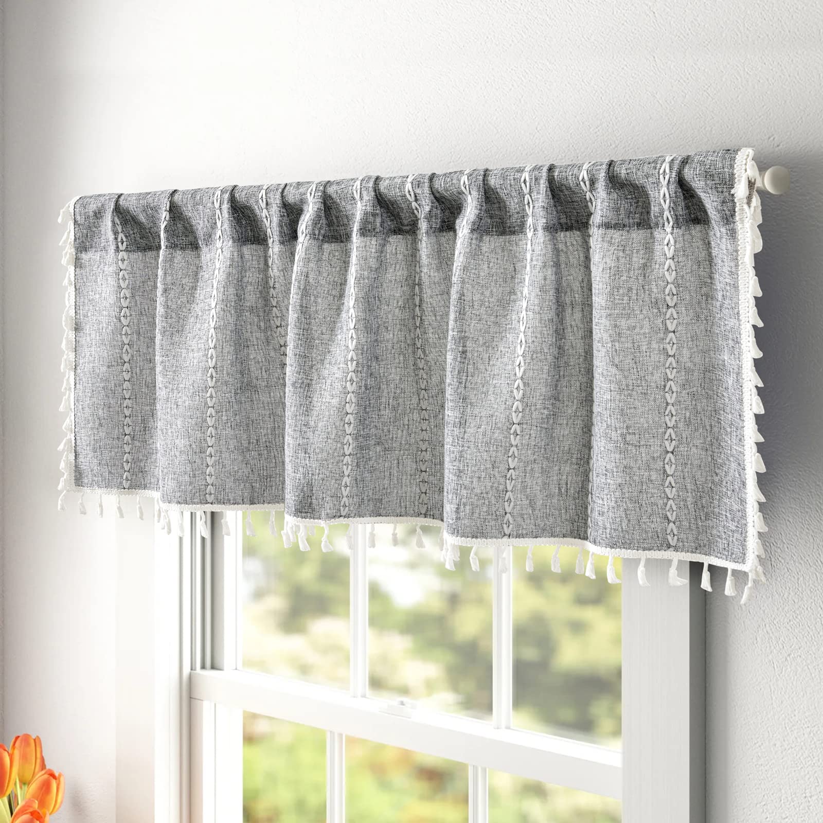 RoomTalks Rustic Farmhouse Kitchen Valances for Windows in Dark Gray, 18’’L x 52’’W Boho Striped Vintage Charcoal French Country Cottage Textured