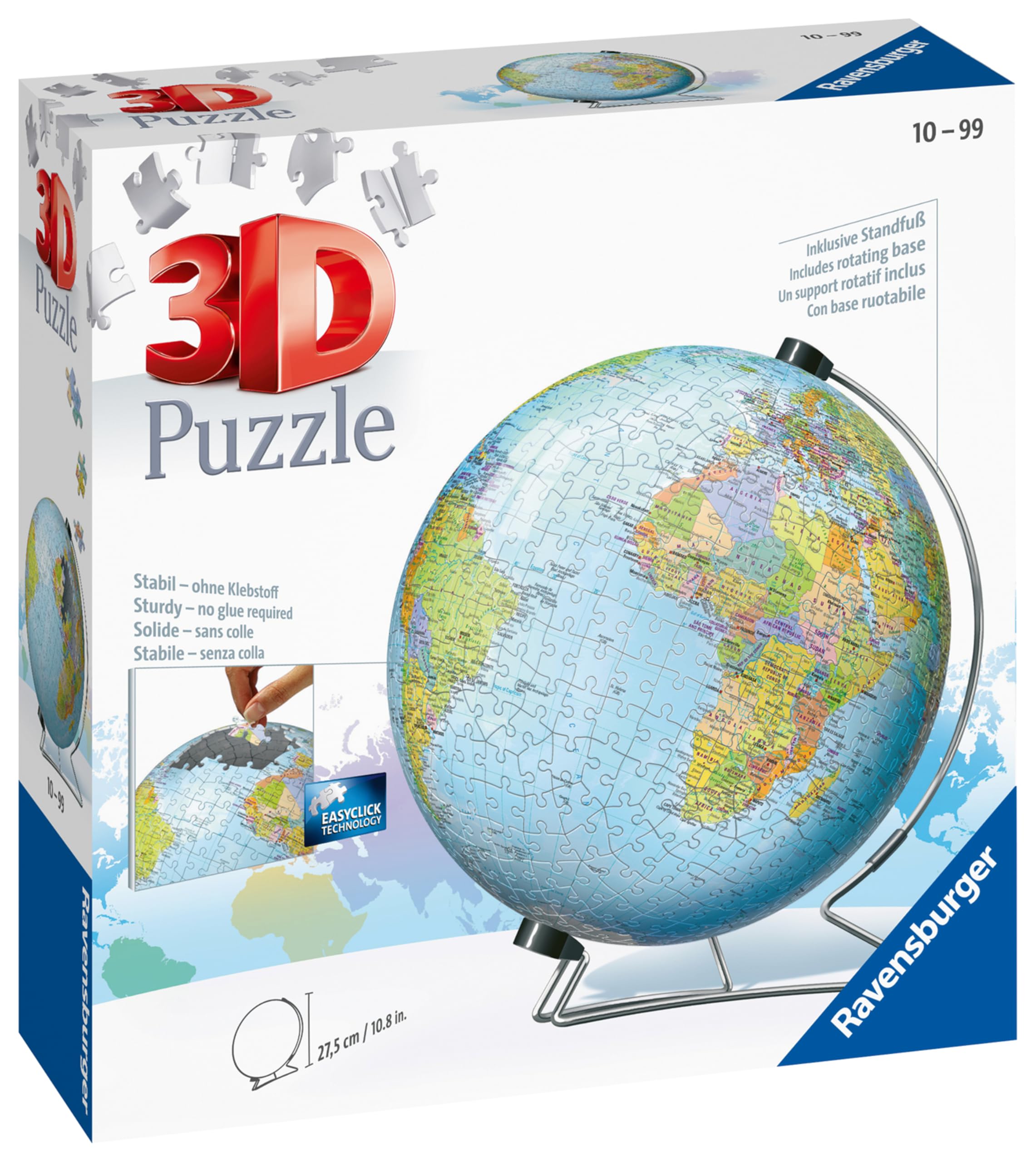 Ravensburger - Puzzle 3D Ball éducatif - Globe terrestre - A partir de 10 Ans - 540 pièces numérotées à Assembler sans Colle - Support Rotatif Inclus - 12436