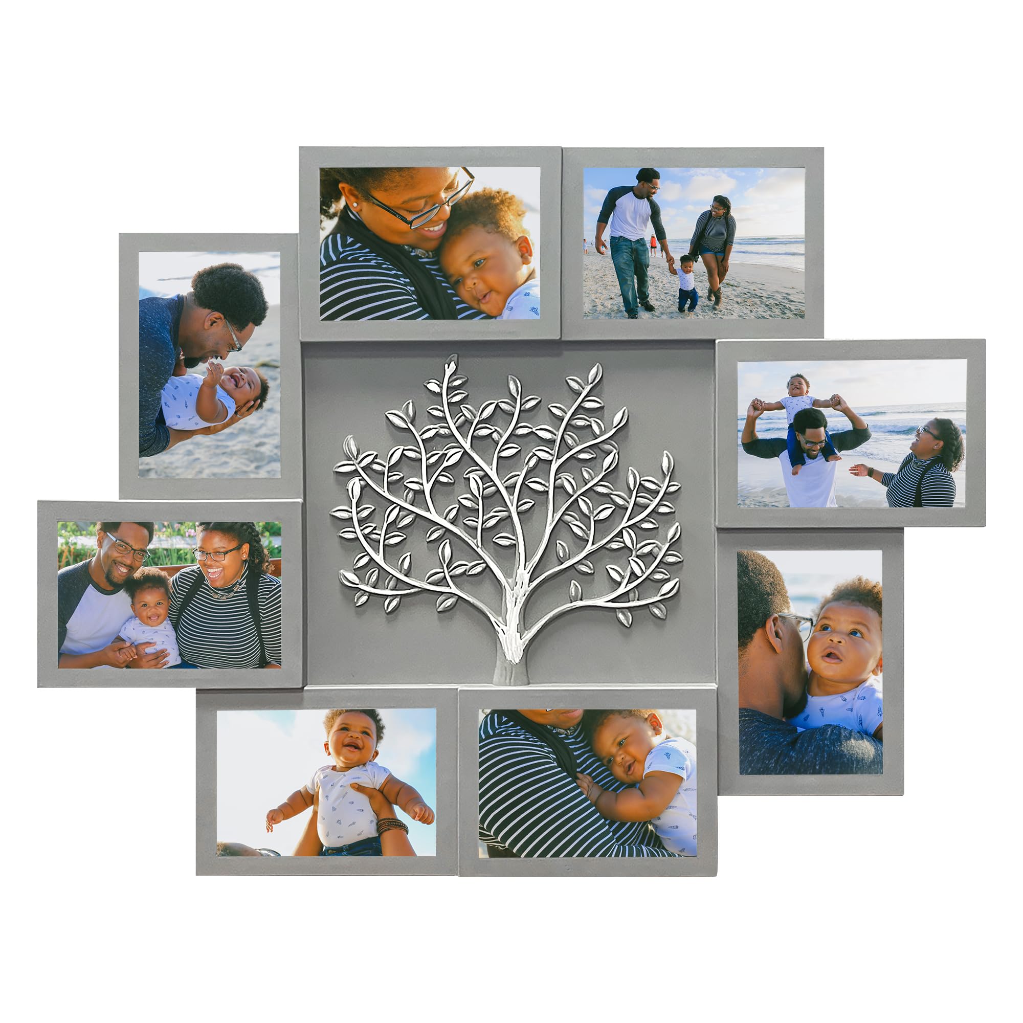 J.M.Deco 8 Opening Collage Picture Frames for Wall Decor, 4x6 Photo Frame Collage with Tree Decor, Family Tree Collage Picture Frame for Wall, Grey & Silver