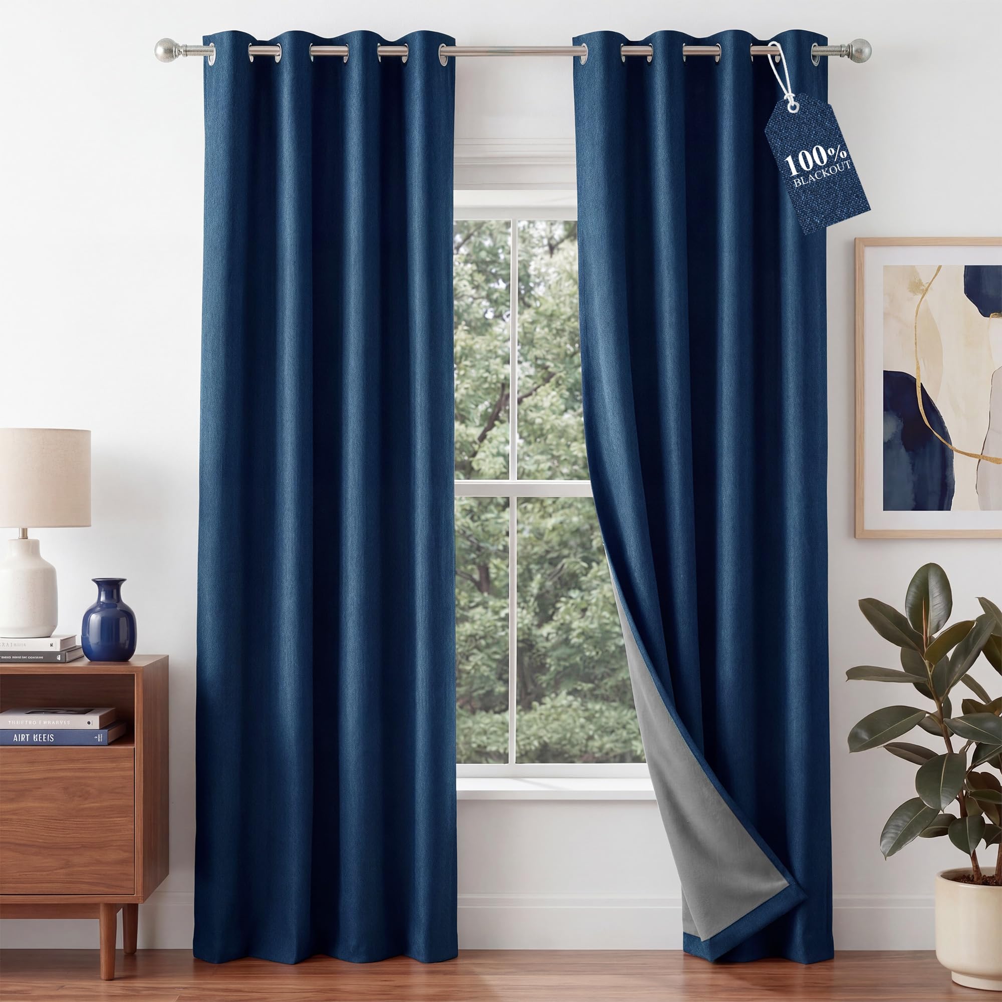 Photo 1 of NICETOWN 100% Absolutely Blackout Linen Curtains for Bedroom Living Room, Navy Blue, 52" Wide, 2 Pieces, Privacy Vertical Thermal Insulated Window Drapes 84 inch Long for Shift Workers