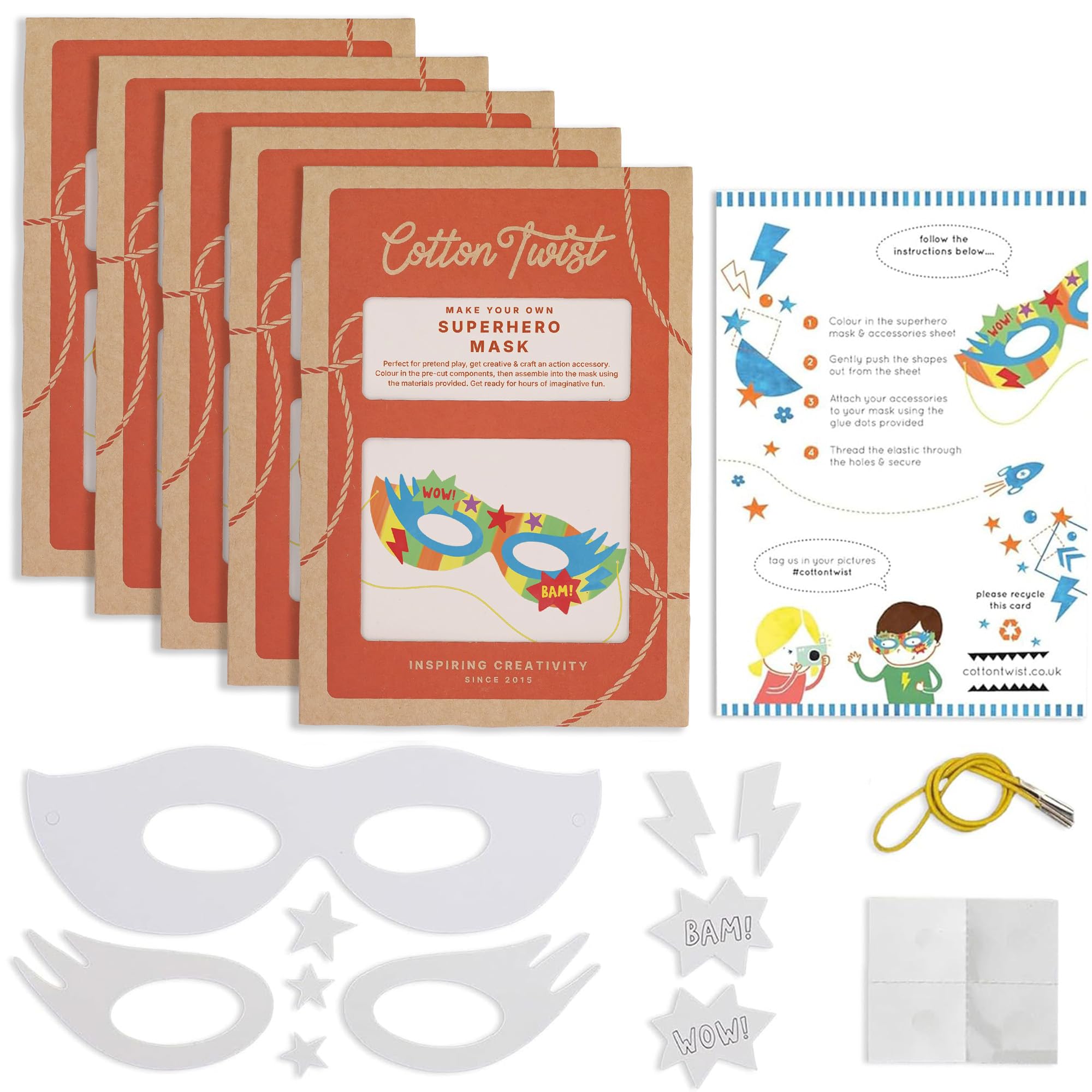 COTTON TWIST Kids Make Your Own Superhero Mask Craft Kit - Children Creative Game Play Set DIY Activity Box for Boys and Girls - Pack of 5