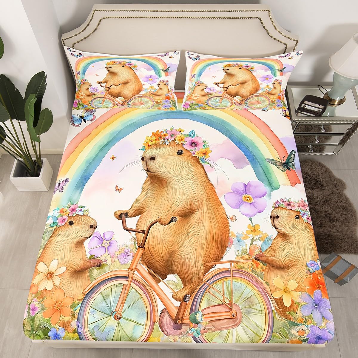 Drap-housse capybara double en parure 3 pièces pour un lit d'adolescent durable