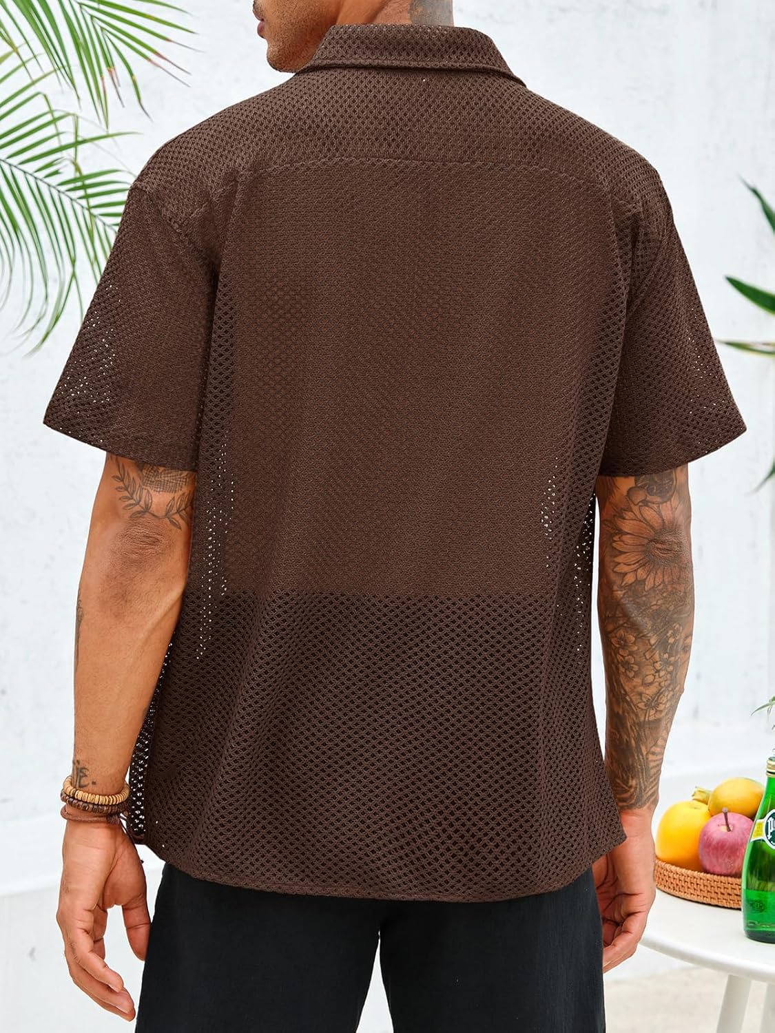 Runcati Mens Button Down Shirt Knit Crochet Hollow Out Short Sleeve Sweater Casual Summer Tops - Image 3
