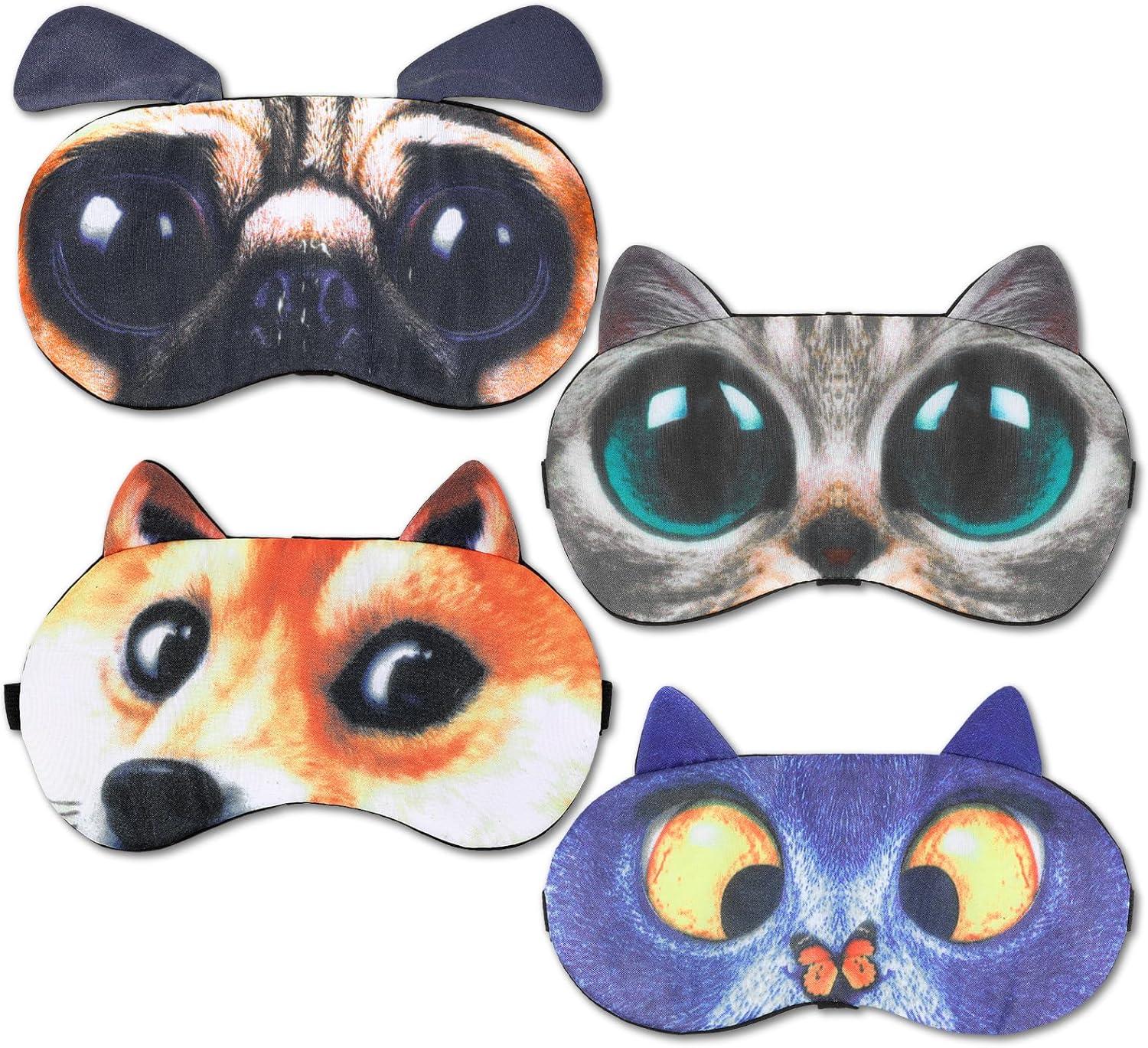 4 Pcs Funny Sleep Mask Cute Animal Blindfolds Soft Adjustable Sleeping Eyeshade Travel Nap Eye Cover for Men Women Plane Game Night Sleeping Cat Dog Pattern