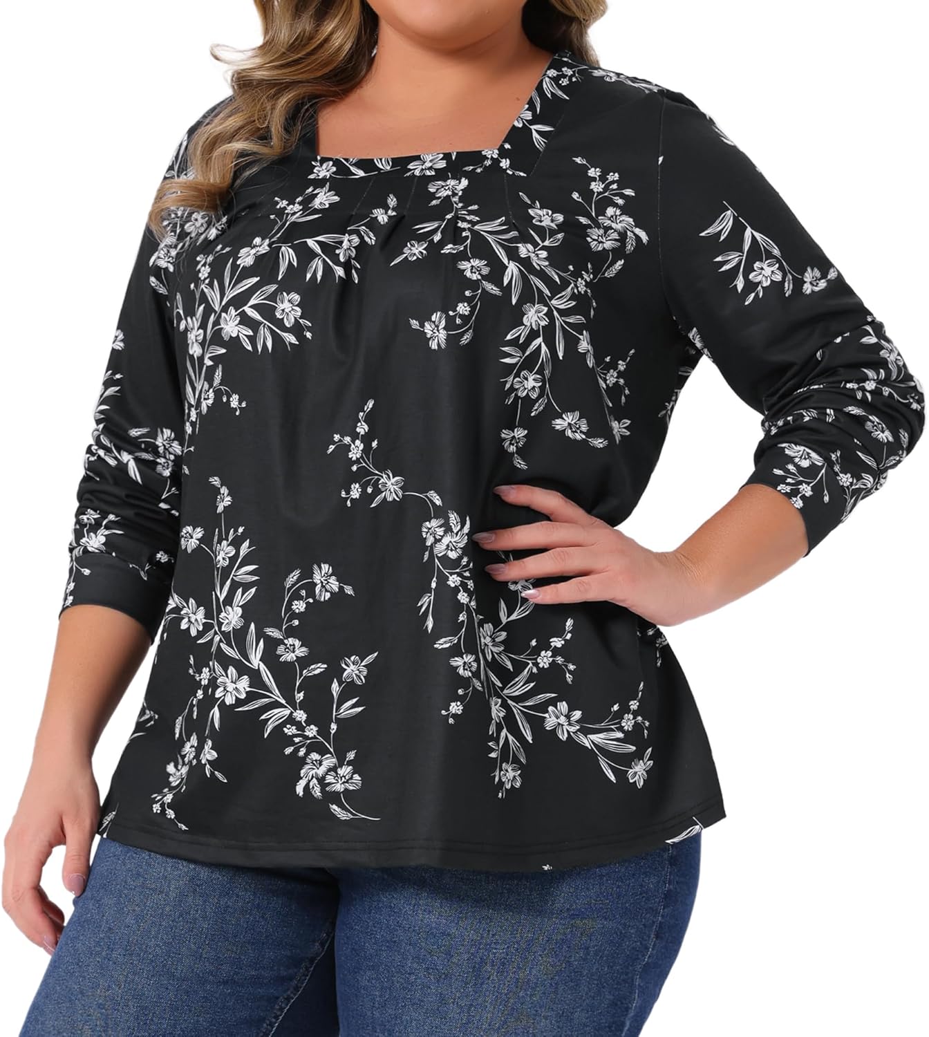 Agnes Orinda Plus Size Floral Print Tops for Women Square Neck Long Sleeve Pleated Tunic Dressy Casual Blouses