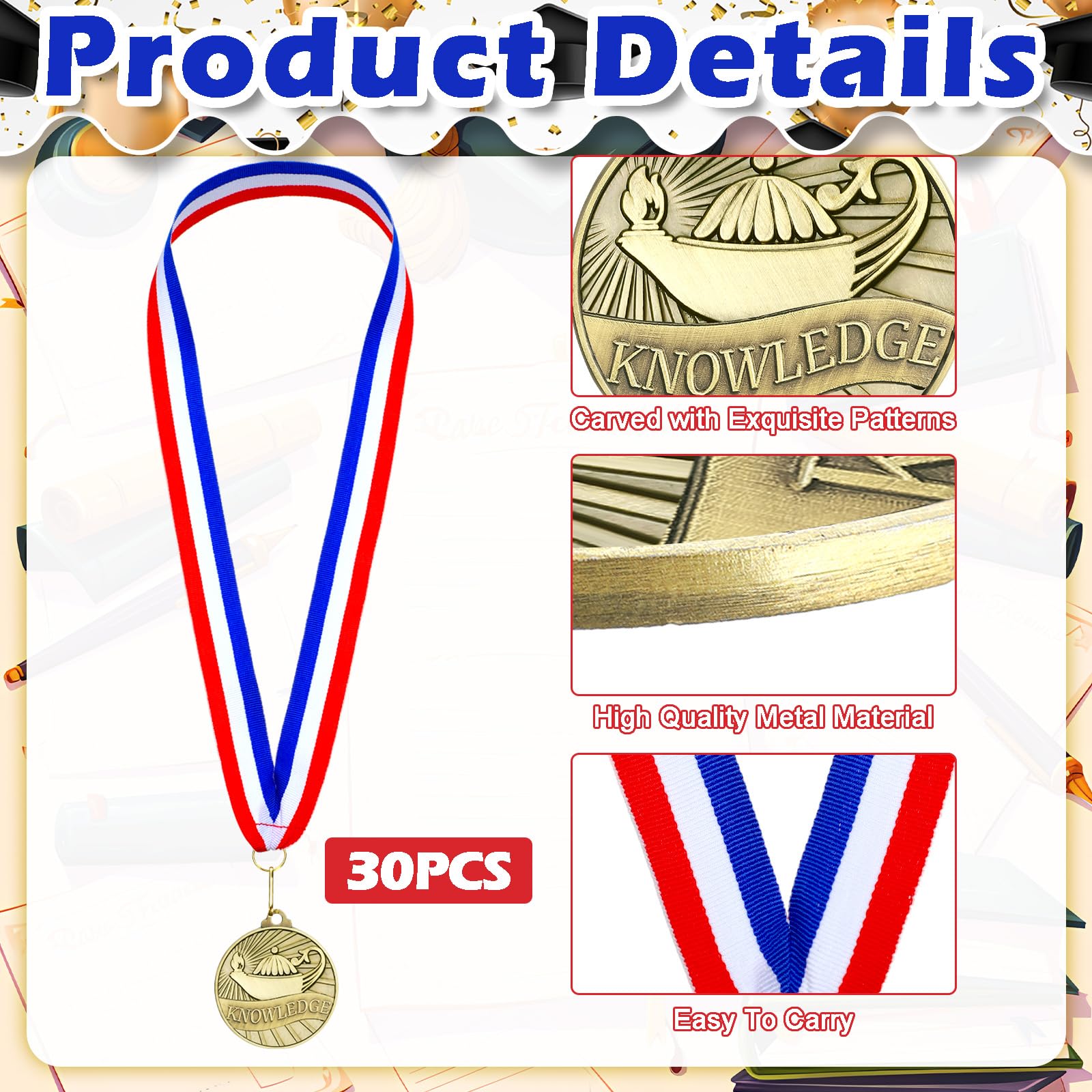 Aurelema 30 medallas de 2 pulgadas con cintas para el cuello, trofeo de metal, regalo para torneos, competiciones, fiestas, niños y adultos