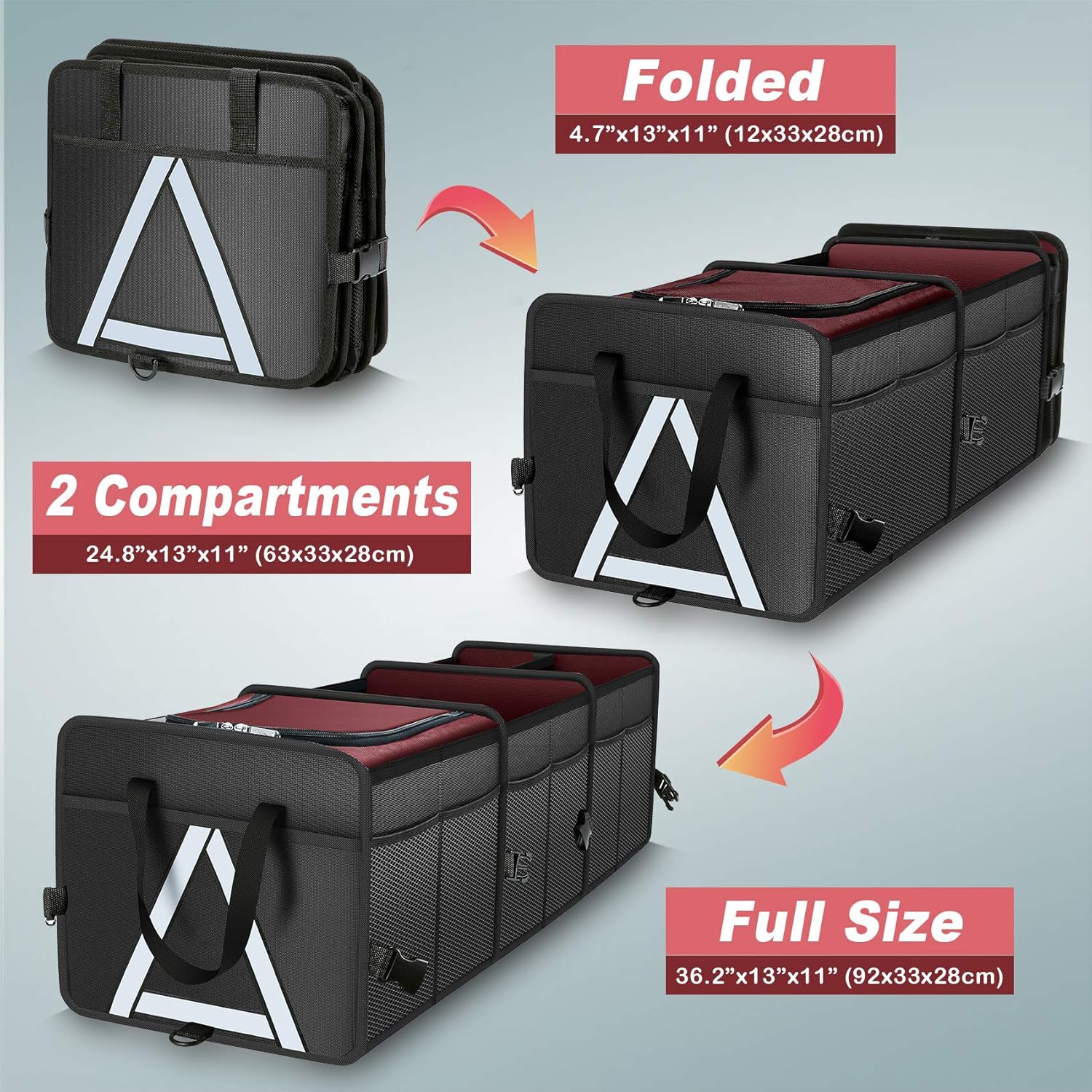 K KNODEL Sturdy Car Trunk Organizer with Premium Insulation Cooler Bag, Heavy Duty Collapsible Trunk Storage Organizer for Car, SUV, Truck, or Van (3 Compartments, Black) : Automotive