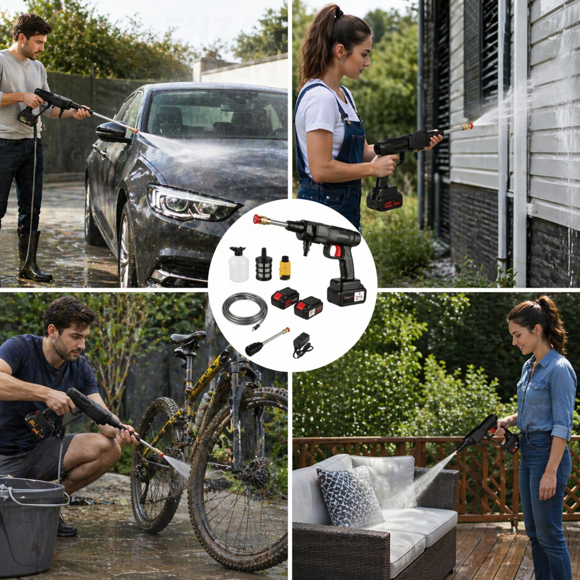 Idropulitrice a Batteria Portatile con Aspirazione da Secchio - Ugelli Multifunzione e Schiumatore - Pistola ad Alta Pressione per Auto,Bici, Giardino - Compreso di Valigetta e tutti gli Accessori