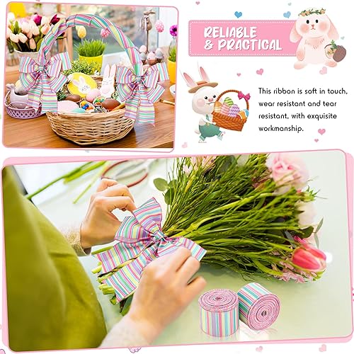 Miniatura 5 de Cindeer 2 rollos de cinta de Pascua pastel con alambre de 20 yardas, con borde con cable, cinta de rayas horizontales, cinta de lona rosa decorativa