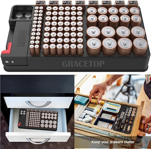 Miniatura 2 de Organizador de baterías con probador de batería para AAA AA C D 9V y caja de almacenamiento de baterías con botón con capacidad para 110 baterías,