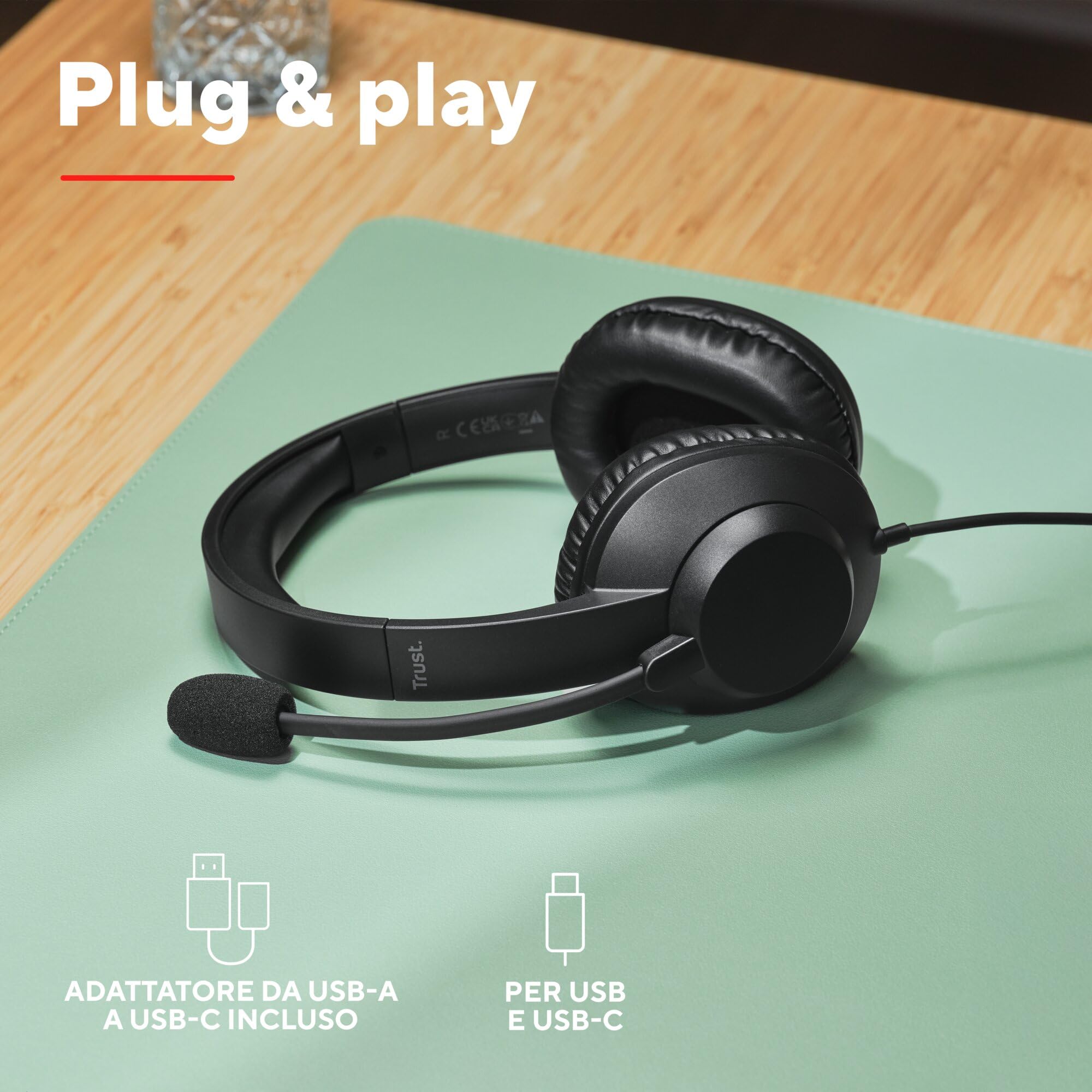 Trust Roha II Max USB Cuffie con Microfono Leggere Over-Ear, Auricolari con Filo 1,80 m, 85% Plastica Riciclata, Headphones Cablato per PC Portatile Computer Laptop Mac Ufficio Teams Zoom, Nero