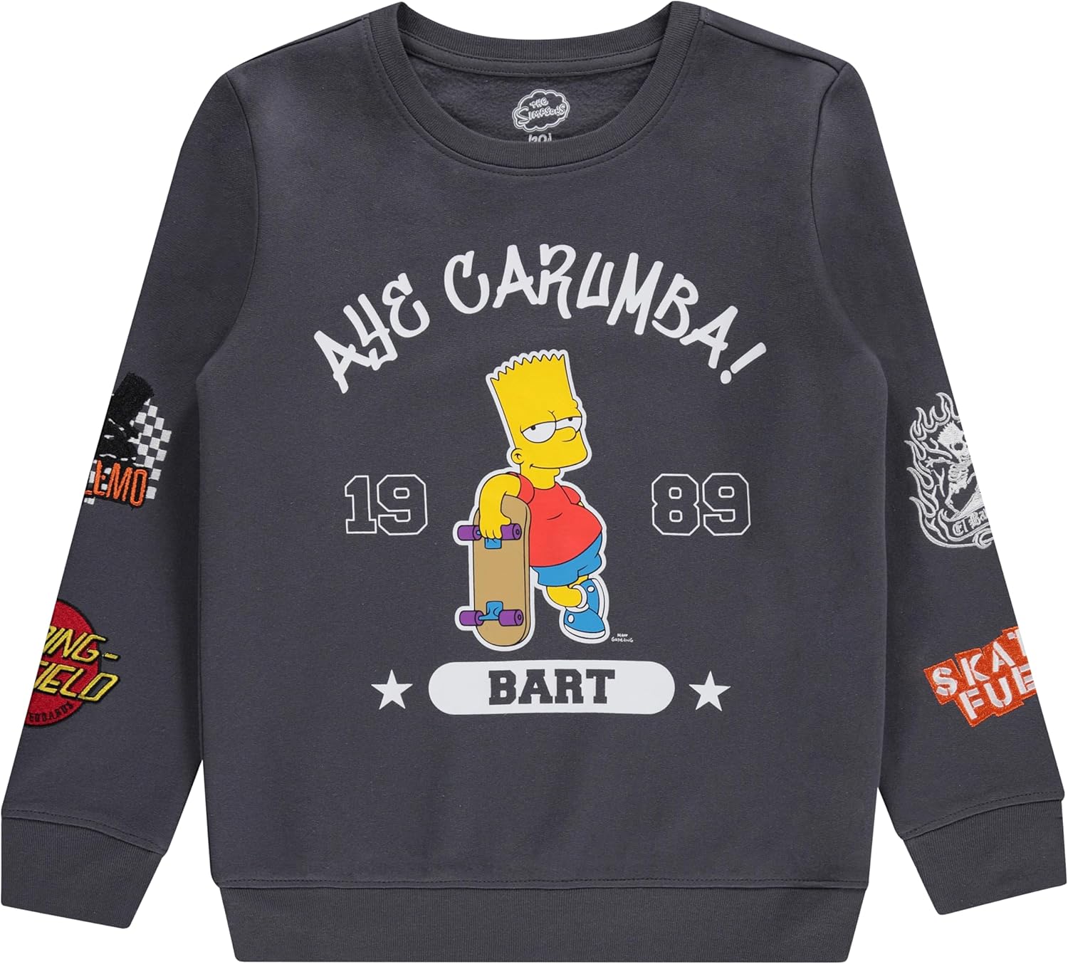The Simpsons Bart Simpson Boys Crewneck Sweatshirt - Bart, Homer, Lisa and Maggie Simpson Pullover with Embroidered Sleeve Patches (Charcoal Sky, 4/5)