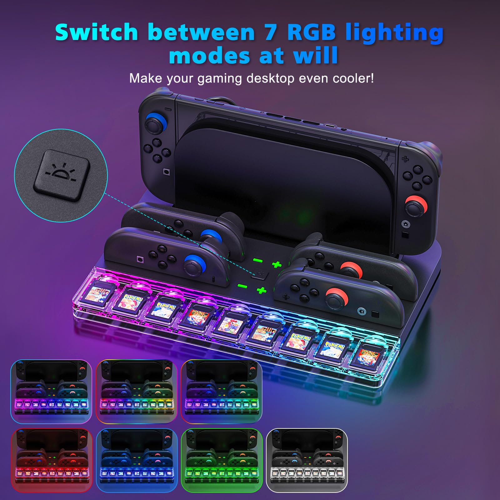 Stazione di Ricarica Joy Con Switch 2 (2025), Stazione di Ricarica per Controller Switch 2 con 7 Luci RGB, Ricarica 4 Impugnature Switch 2, Contiene 9 Schede di Gioco Switch e Accessori per Console Sw