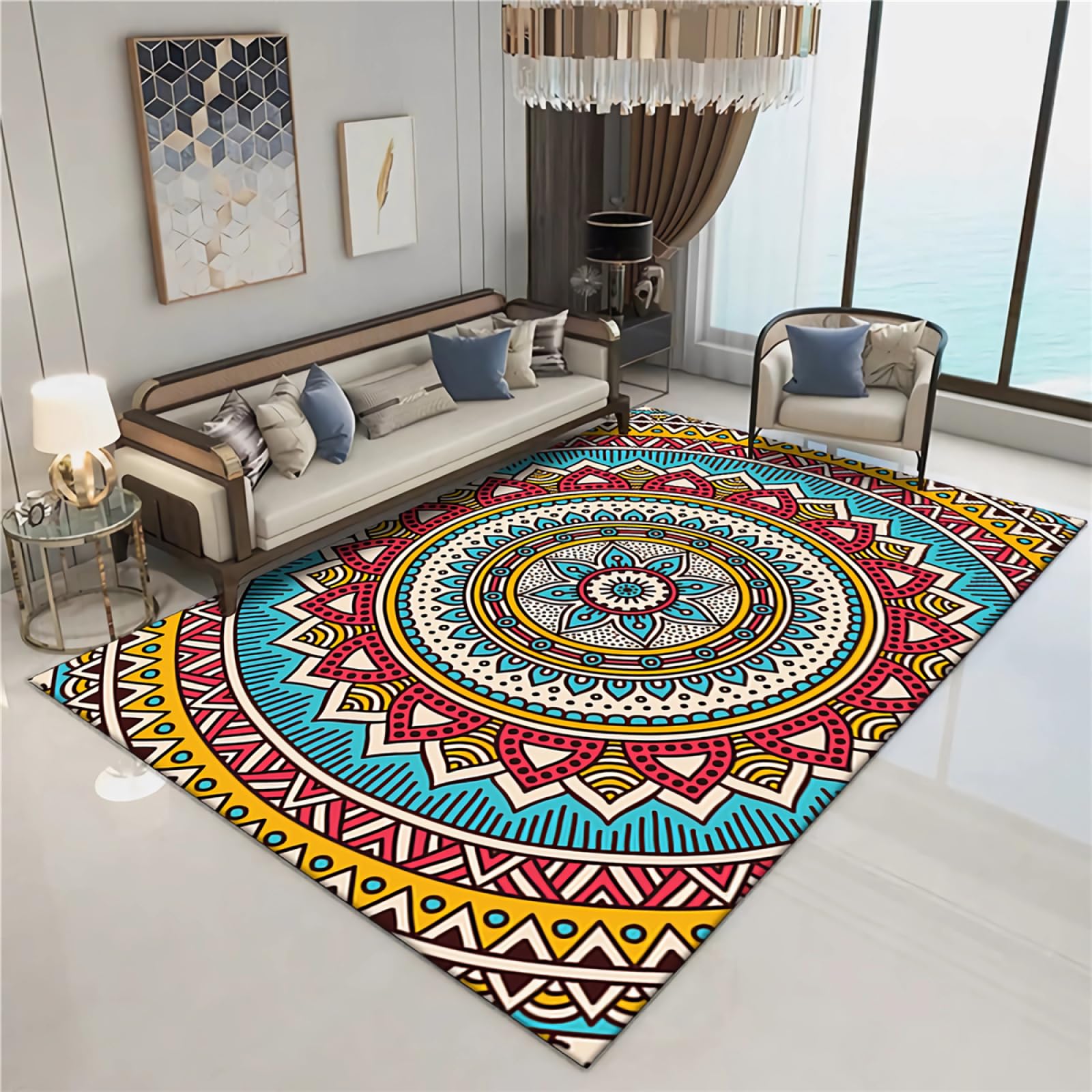 Tapis de chambre ado fille bleu rouge 120x160cm motif vintage