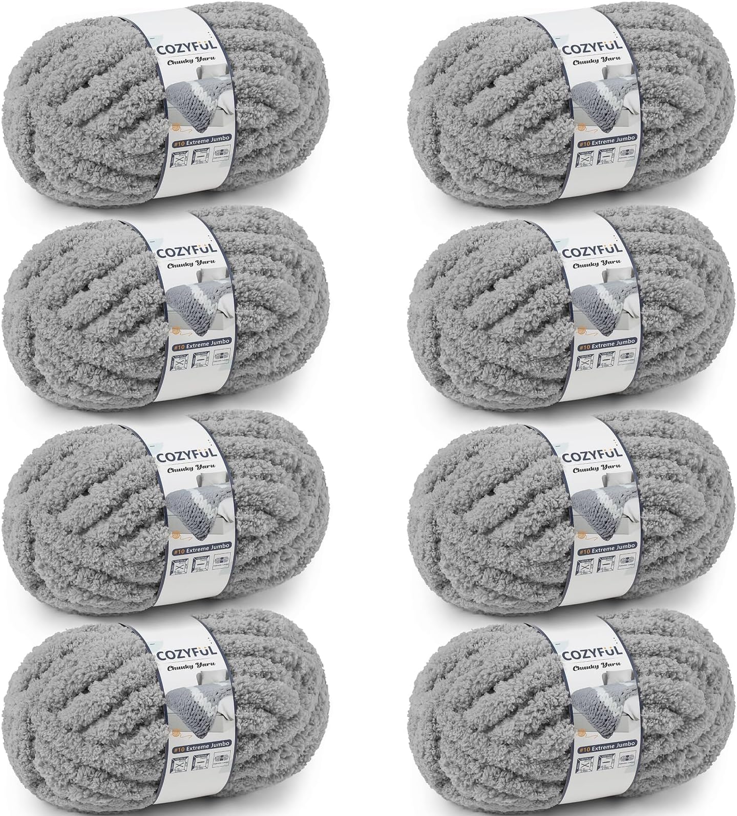 Chunky Yarn for Hand Knitting - Cozyful #10 Chunky Chenille Yarn, Jumbo Big Thick Chunky Yarn for Crocheting, Super Bulky Chunky Knit Blanket Yarn, 8 Skein (25 yds 8 oz Each Skein), Light Grey