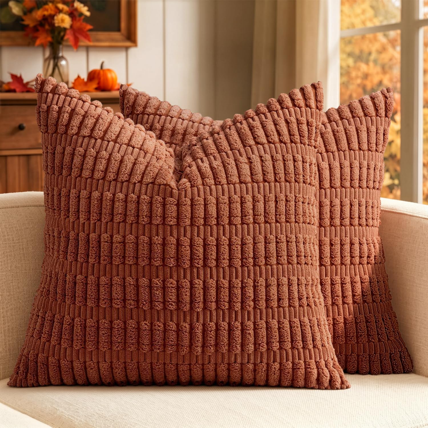 MIULEE Fall Decorative Throw Pillow Covers 20x20 Dark Rust Pack of 2 | Terracotta Soft Corduroy Boho Striped Pillow Covers Modern Farmhouse Autumn Home Decor For Sofa Living Room Couch Bed 20" x 20" (Pack of 2) Dark Rust 2
