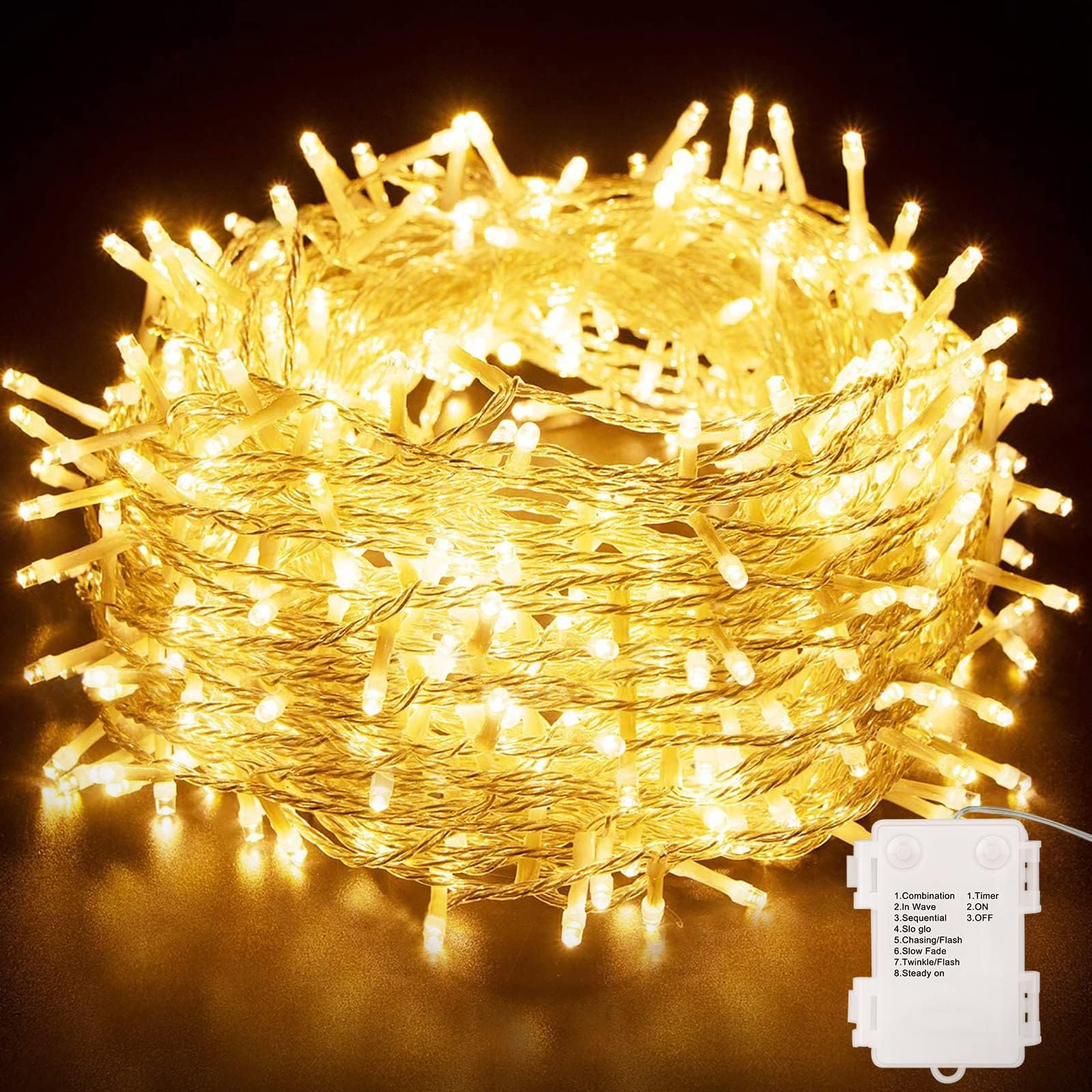Ghirlanda Luminosa 12m Con 100 LED A Batteria: Luci Fata Bianco Caldo Per Esterno/Interno – 8 Modalità E Impermeabile Per Giardino, Natale E Camera Da Letto