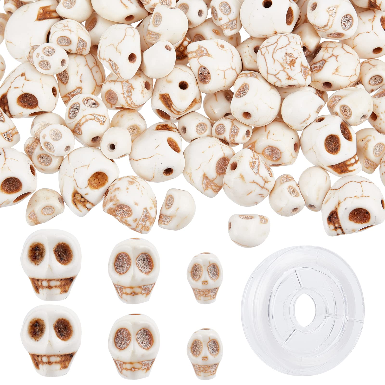 SUNNYCLUE 1 Box 200Pcs 3 Sizes Skull Beads Bulk 8/10/12mm Skeleton Head Bead Synthetic Turquoise Gemstone Halloween Beads for jewellry Making Bead Assortment Beading Bracelet Kit White Stone Necklace